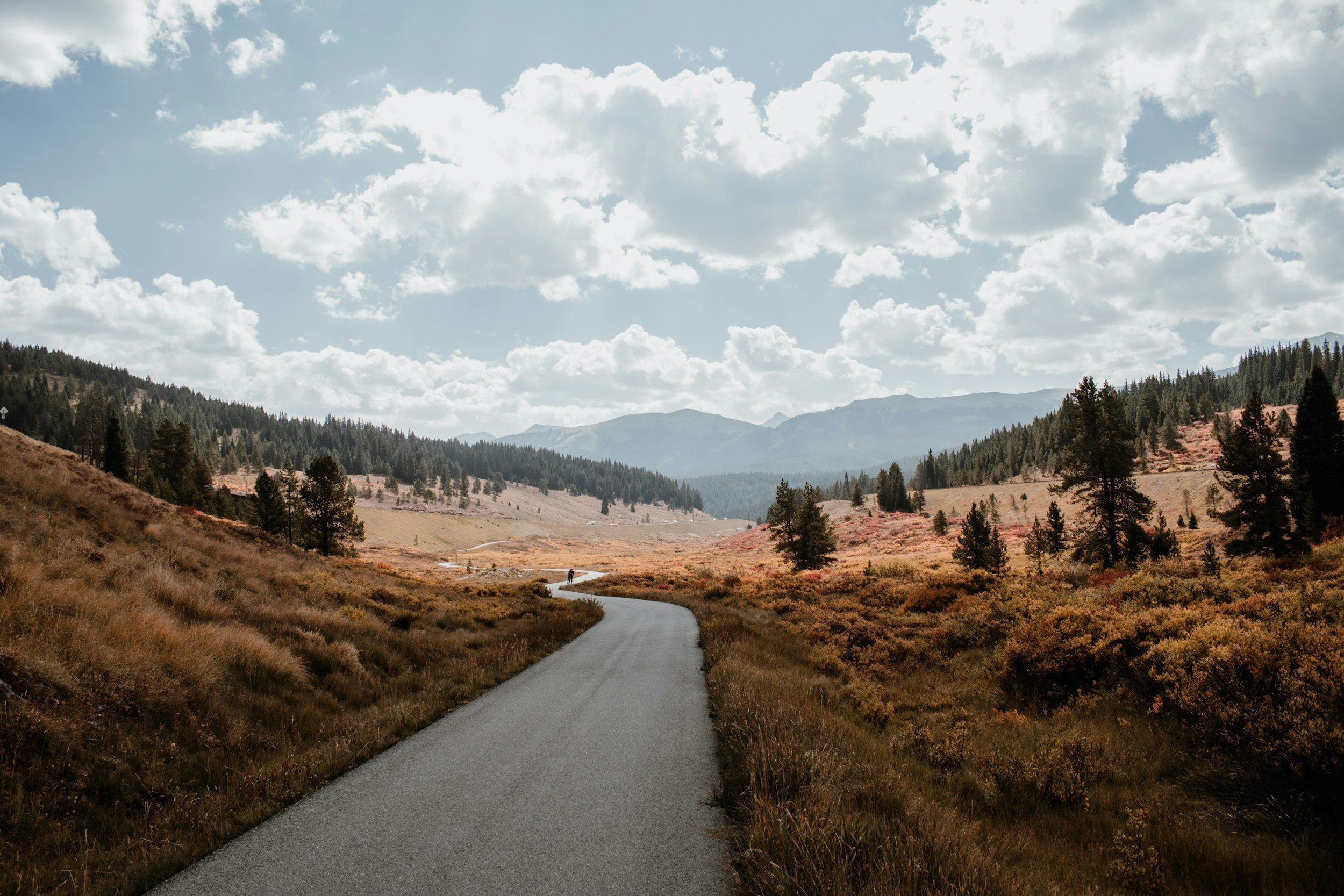 Scenic landscape of a winding road through a mountain valley with trees, mountains in the background, and a cloudy sky.