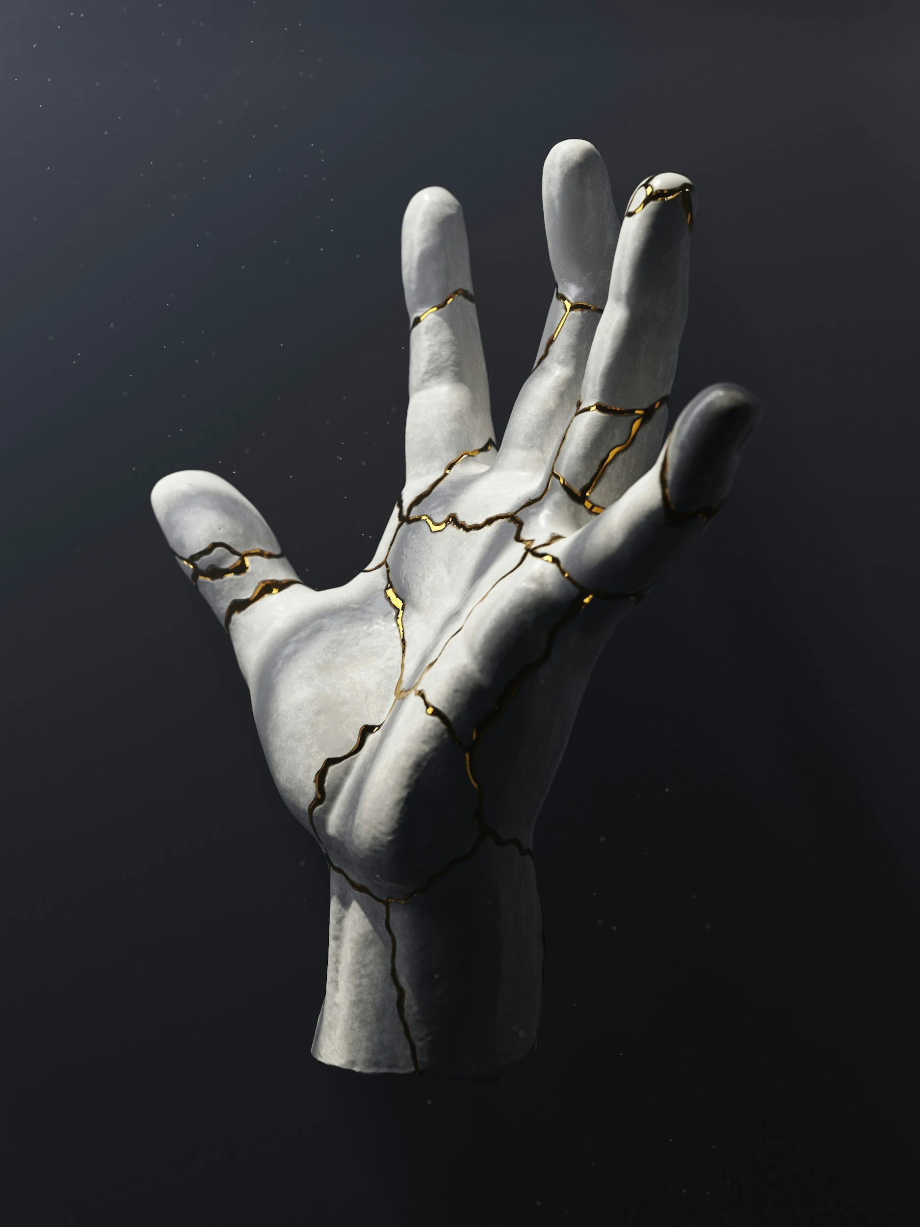 A sculpture of a human hand with cracks filled with gold, placed against a dark background.
