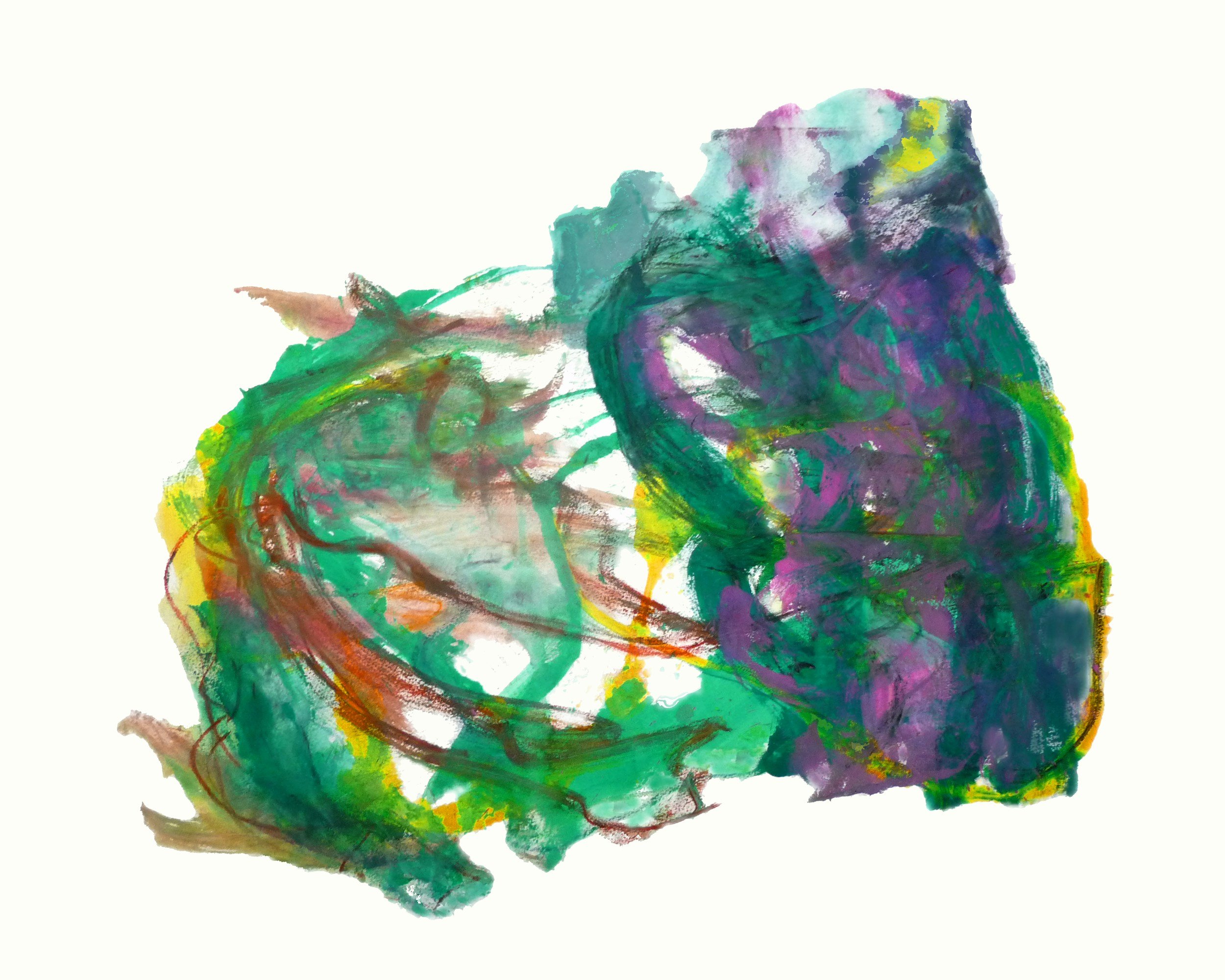 Abstract watercolor painting with vibrant green, purple, yellow, and orange hues on white background.