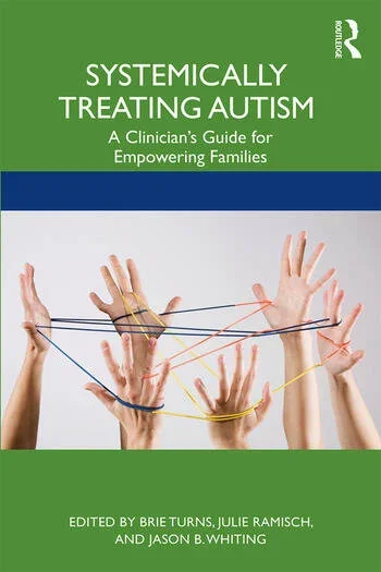 Book cover titled 'Systemically Treating Autism: A Clinician's Guide for Empowering Families' featuring multiple hands with colorful rubber bands connecting fingers.