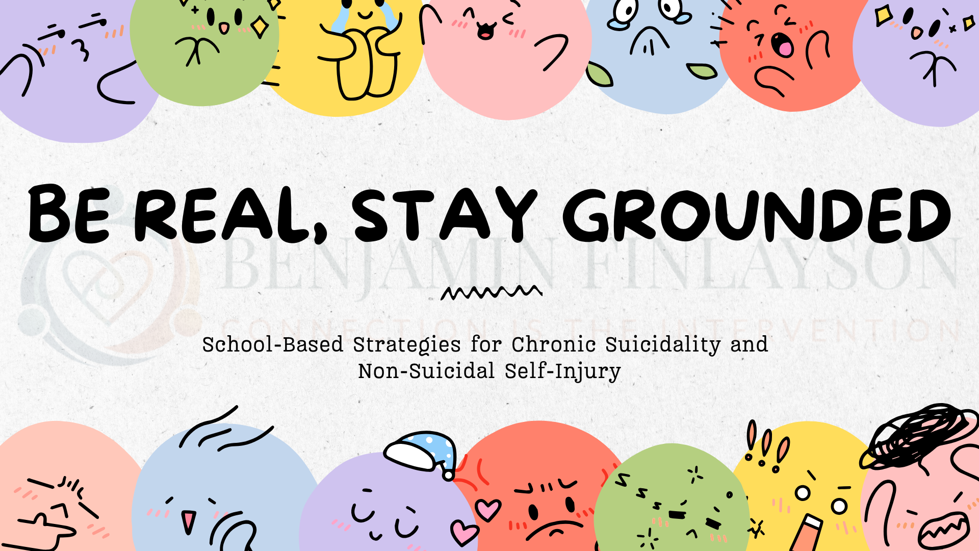 Cover page of a presentation titled "Be Real, Stay Grounded" with colorful cartoon circles with expressive faces around the border. The subtitle reads "School-Based Strategies for Chronic Suicidality and Non-Suicidal Self-Injury."