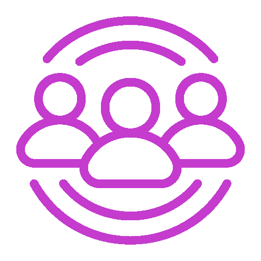 Icon of a group of four people with wireless signal above, in purple outline