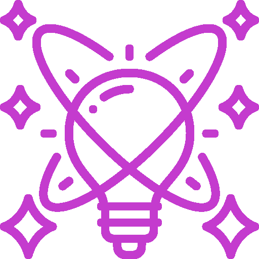 A purple line drawing of a light bulb surrounded by sparkles, representing ideas or creativity.