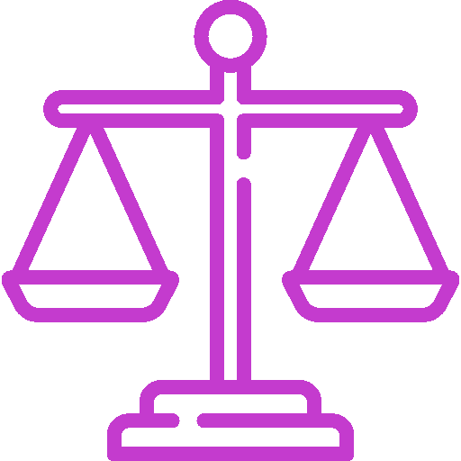 Outline icon of a balanced scale in purple.