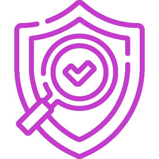 Purple shield with a checkmark inside and a magnifying glass overlay, symbolizing security and verification.
