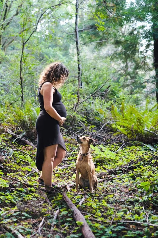 Courtney Mulroy stands holding her pregnant belly with her loving dog looking up at her. As a doula, Courtney chose and supports baby birth at home.