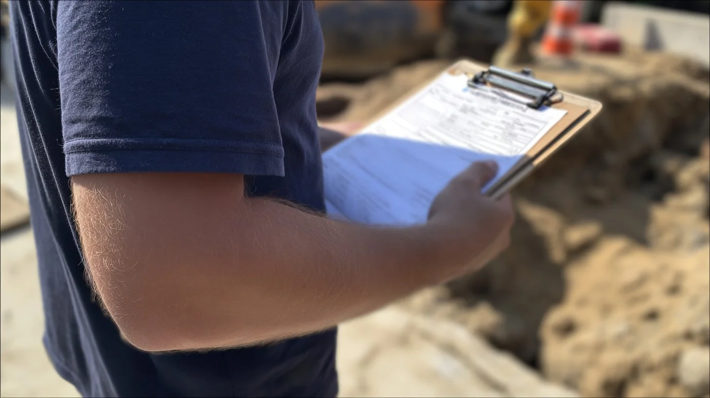 Hattan Contracting supervisor reviewing DEP permit paperwork at a NYC water main job site