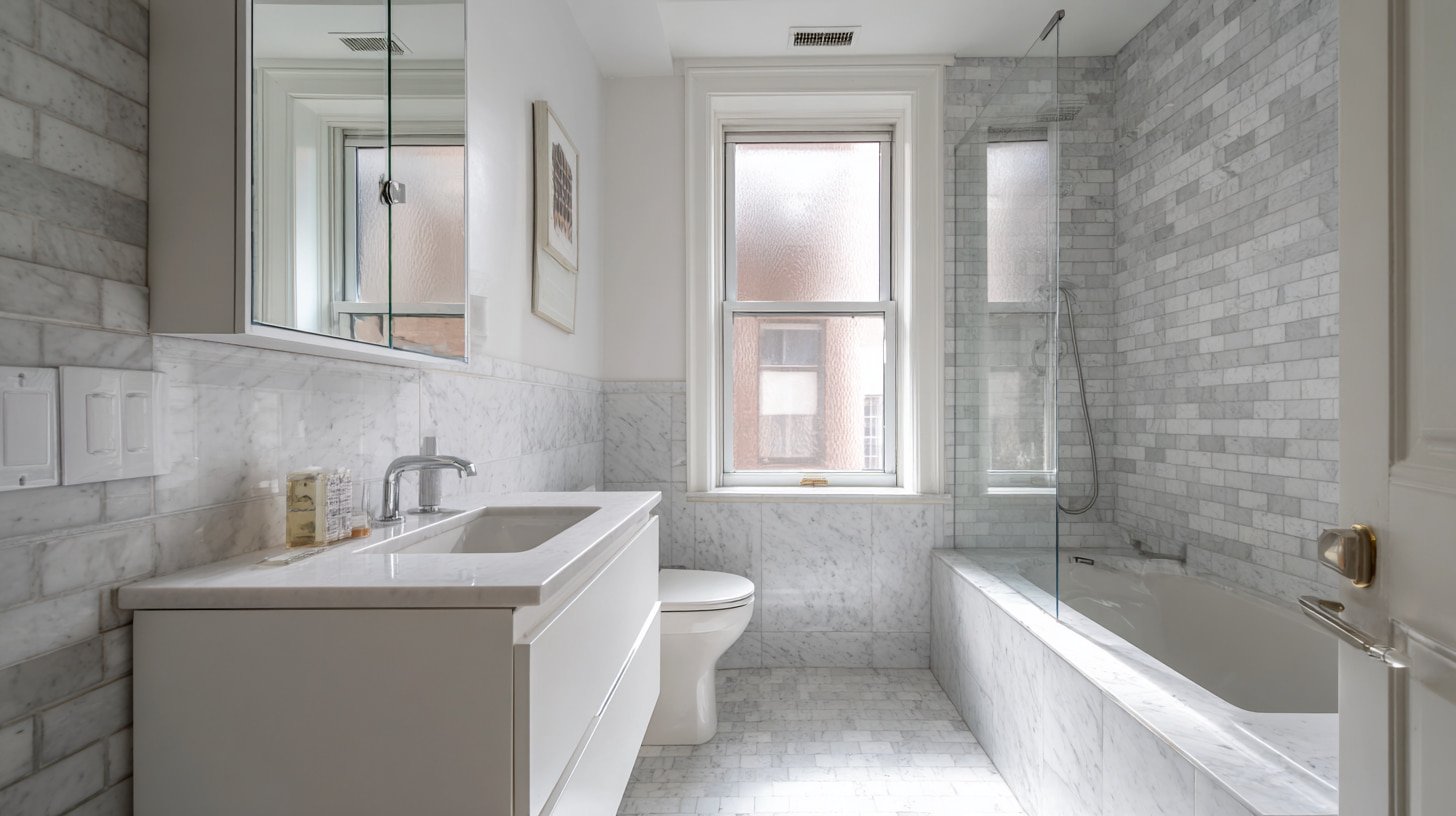 Completed NYC bathroom renovation, marble tile installation and plumbing coordination, Hattan Contracting general contractor