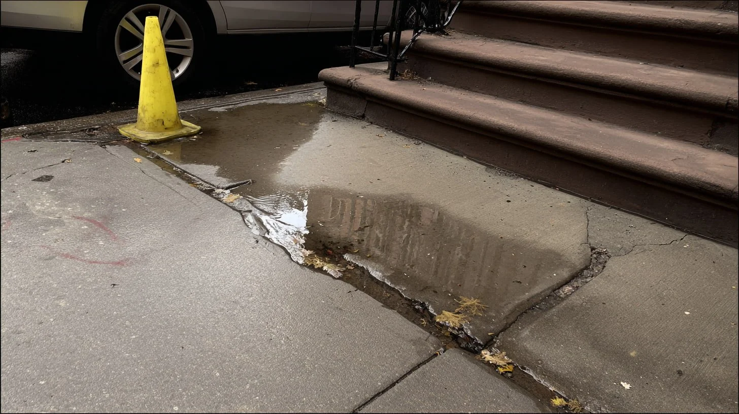 Water surfacing on a NYC sidewalk indicating a water main service line leak