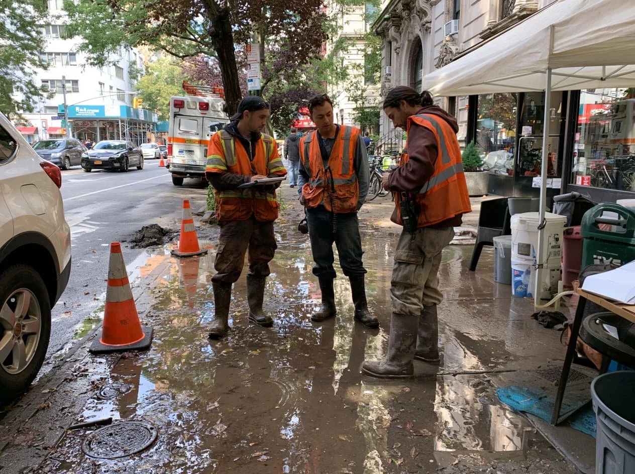 Hattan Contracting crew working on a water main excavation on a NYC residential street
