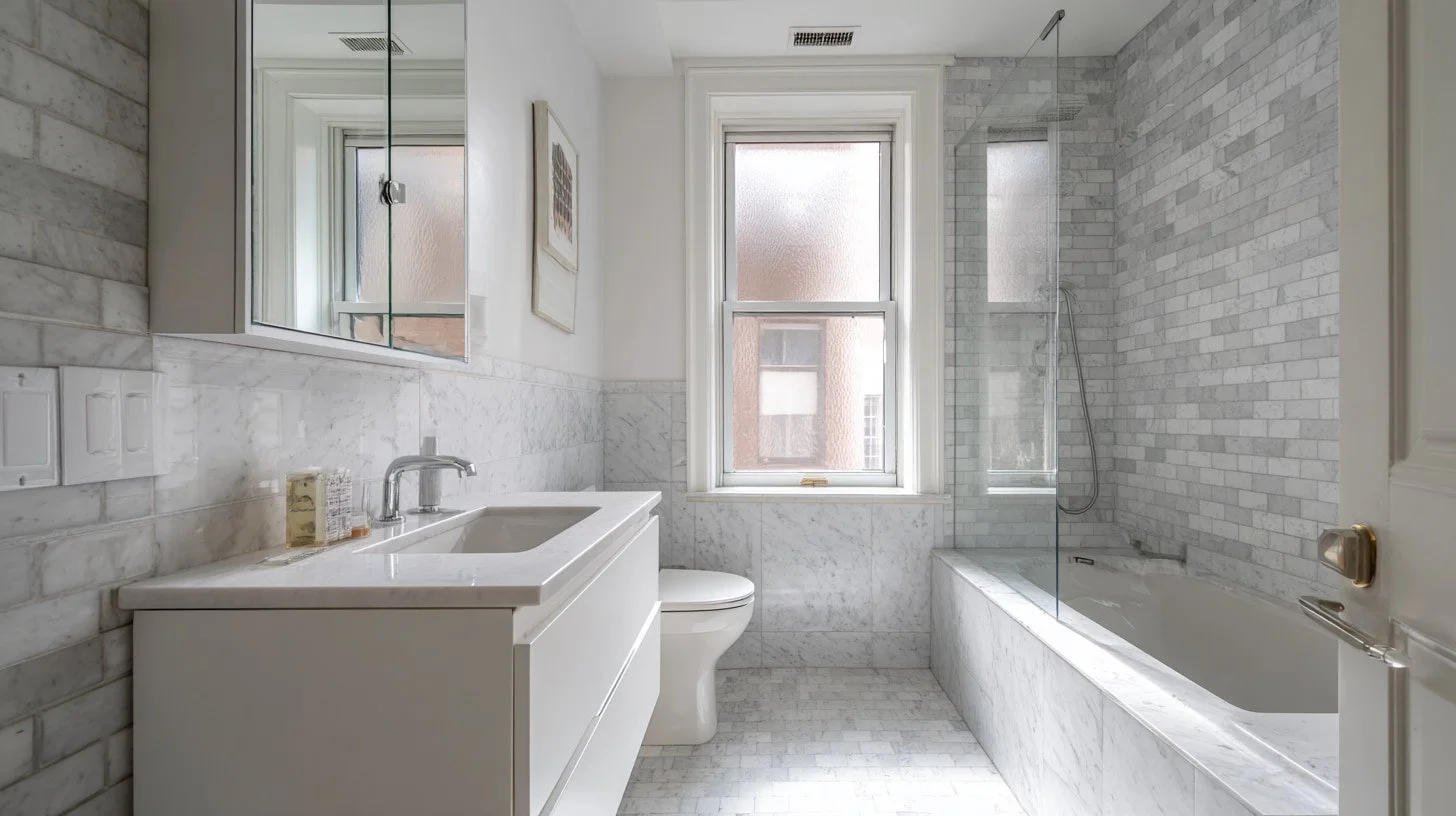 Completed NYC bathroom renovation, marble tile installation and plumbing coordination, Hattan Contracting general contractor