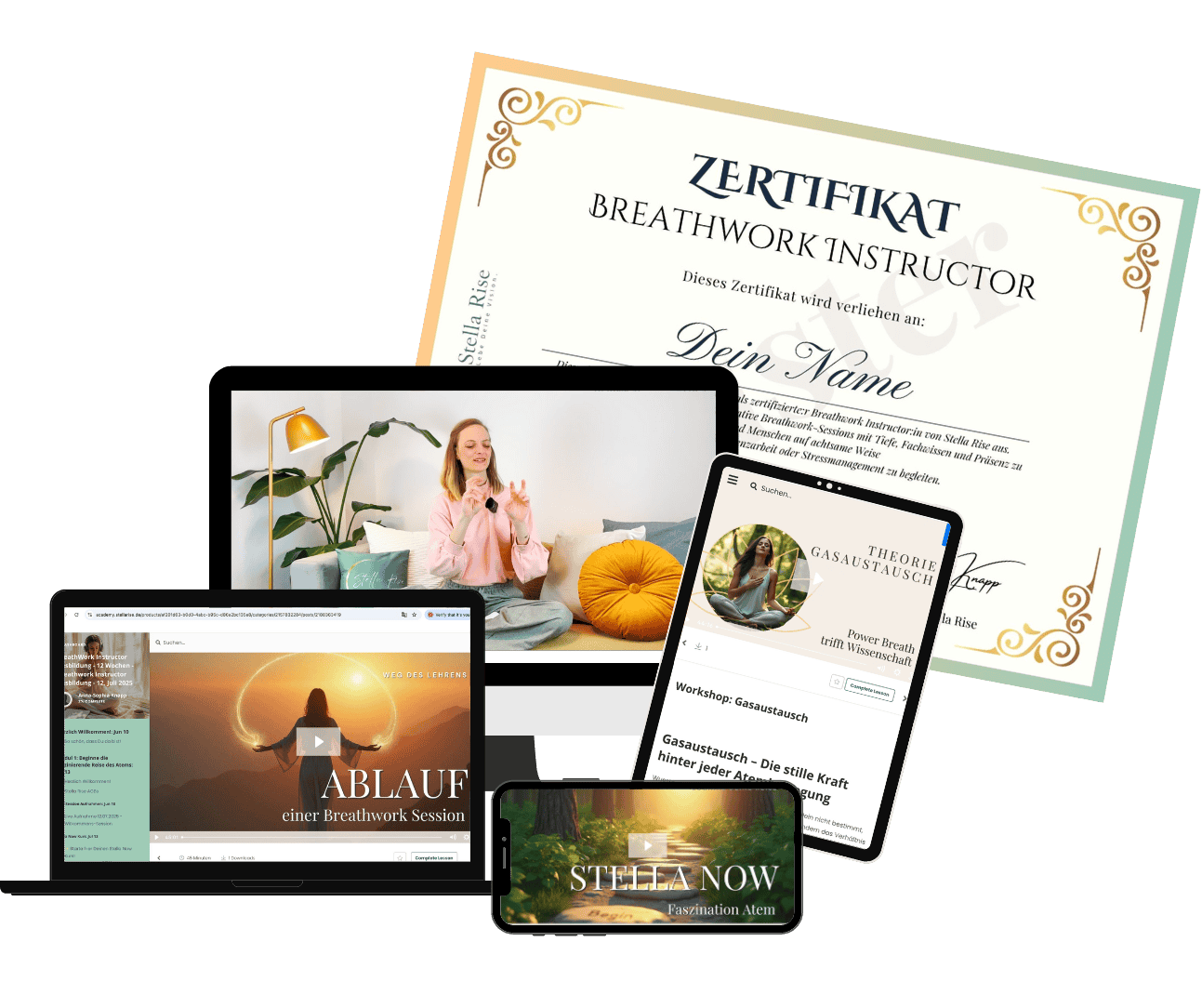 Inhalte der Breathwork Ausbildung mit Lernvideos zu Atemtechniken und Zertifikat zur Atemtherapie Lehrerin.