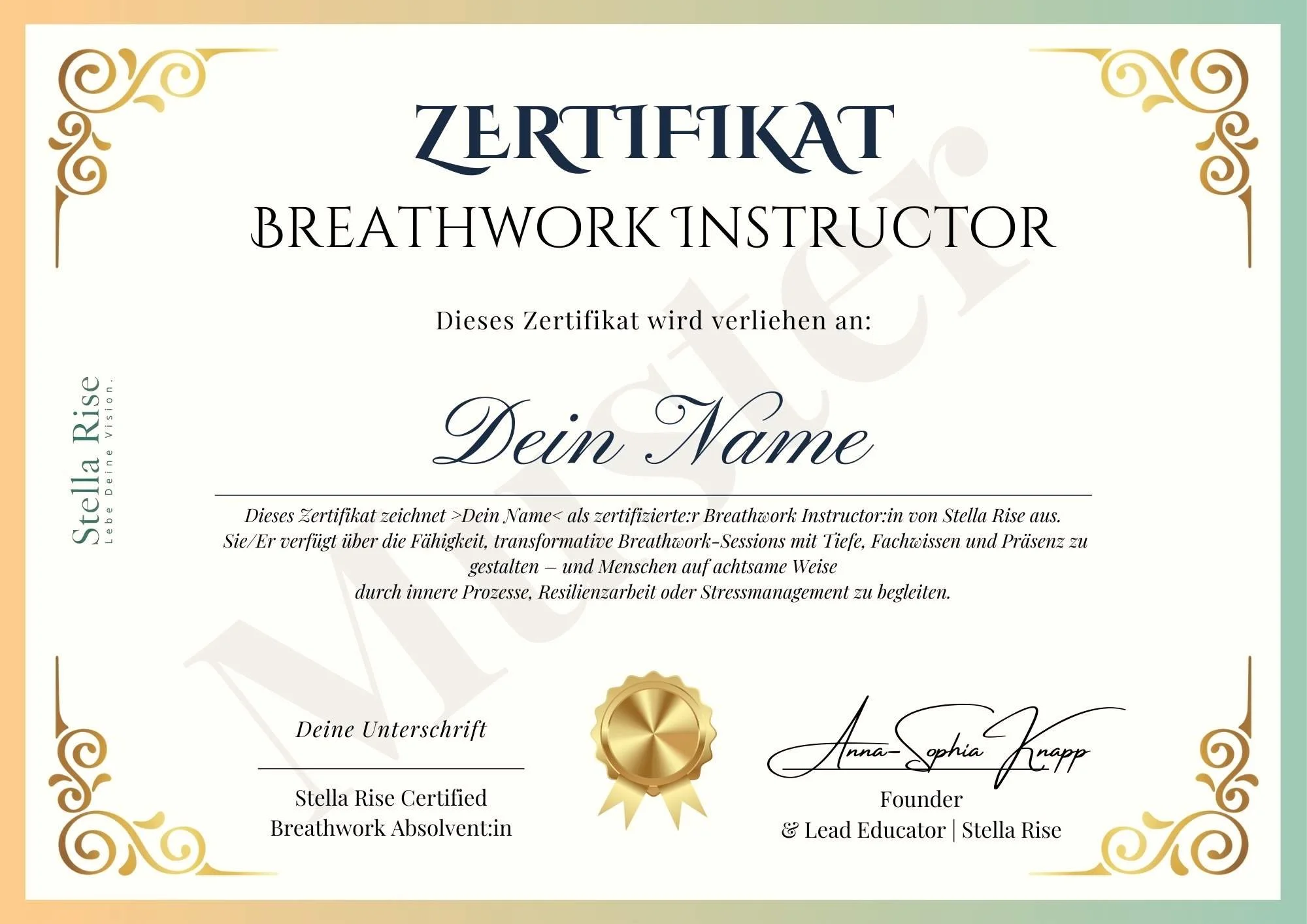 Stella Rise Zertifikat Breathwork Instructor – offizielle Bestätigung der erfolgreichen Ausbildung, international anerkannt und zertifiziert
