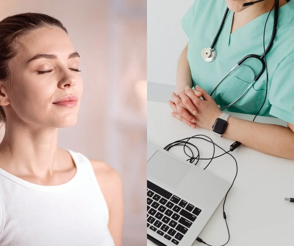 Help humans adapt to AI - showing a doctor, computer and woman