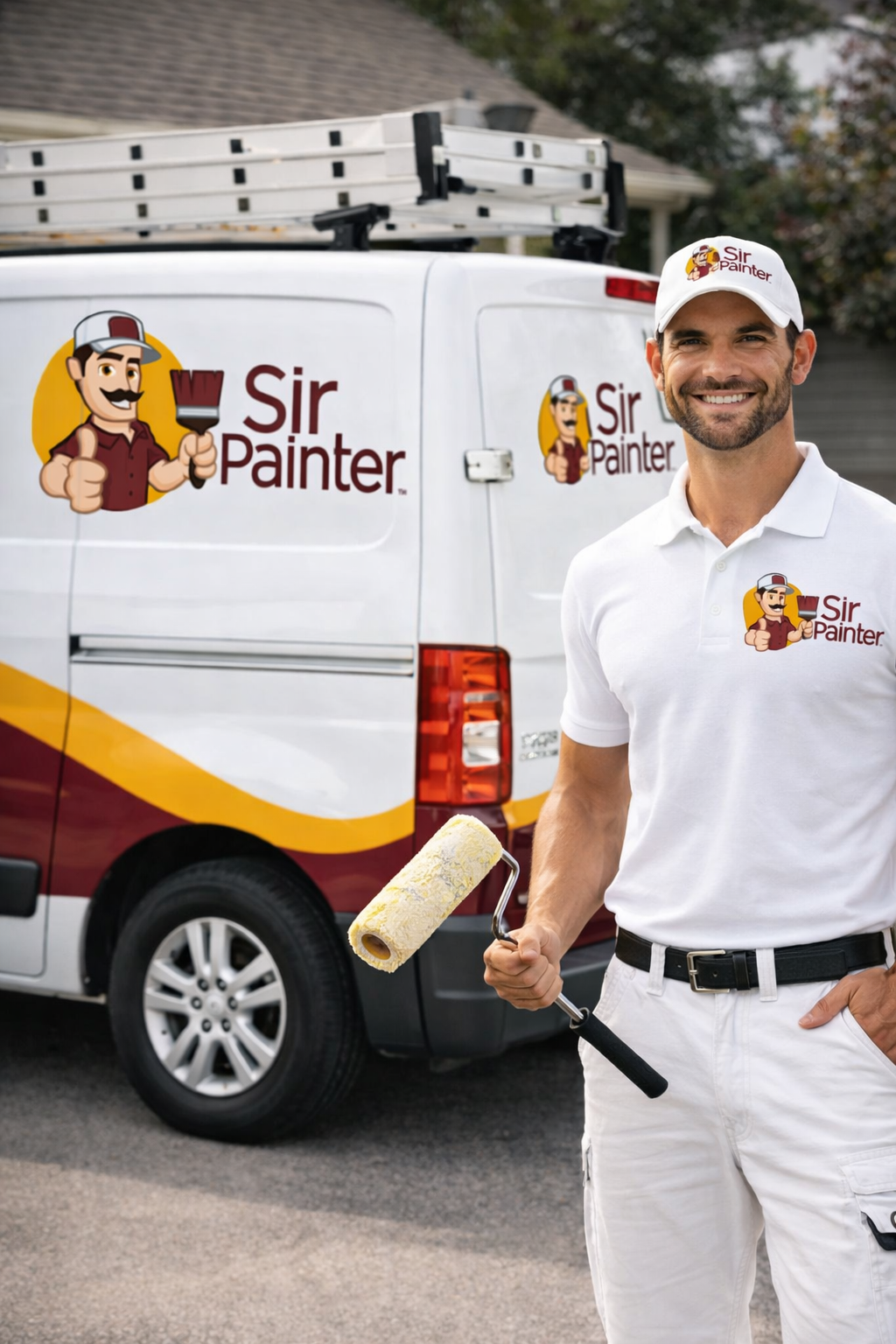 Sir Painter franchise technician in branded uniform standing beside a Sir Painter company van with paint roller