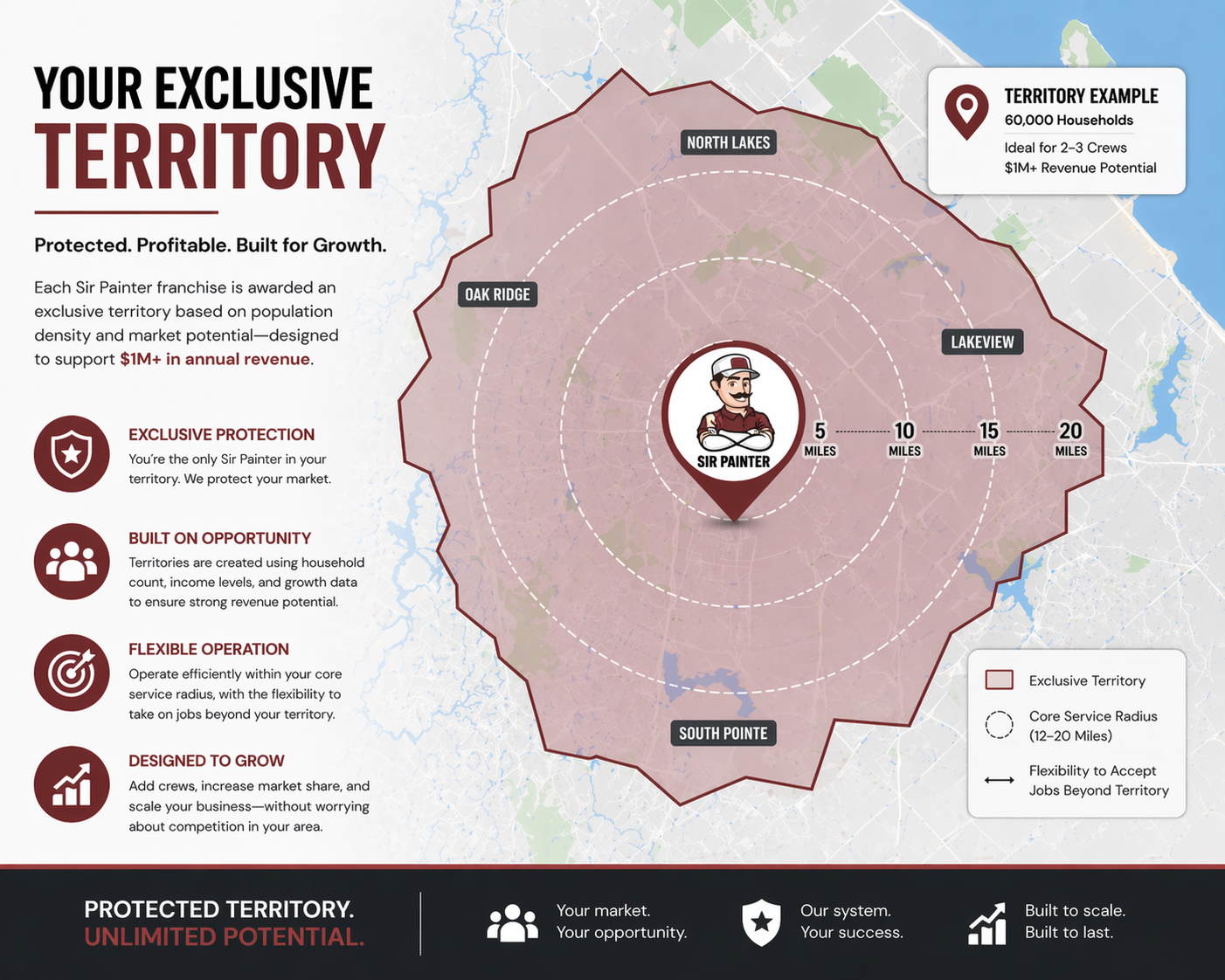 Sir Painter exclusive franchise territory map showing 60,000 households, 5–20 mile service radius, and $1M+ revenue potential per protected territory