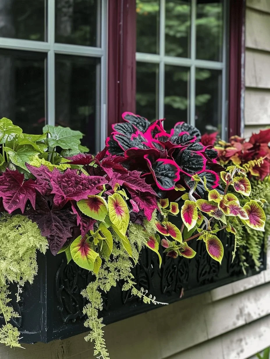 Colorful potted plants with various leaves in a window box outside a house with beige siding and a window with red trim.
