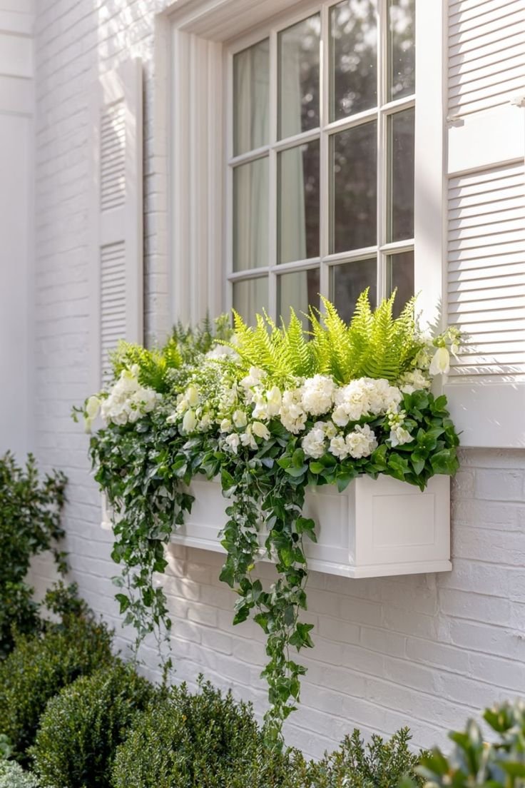 White flower window box with ferns and greenery on a white brick house exterior