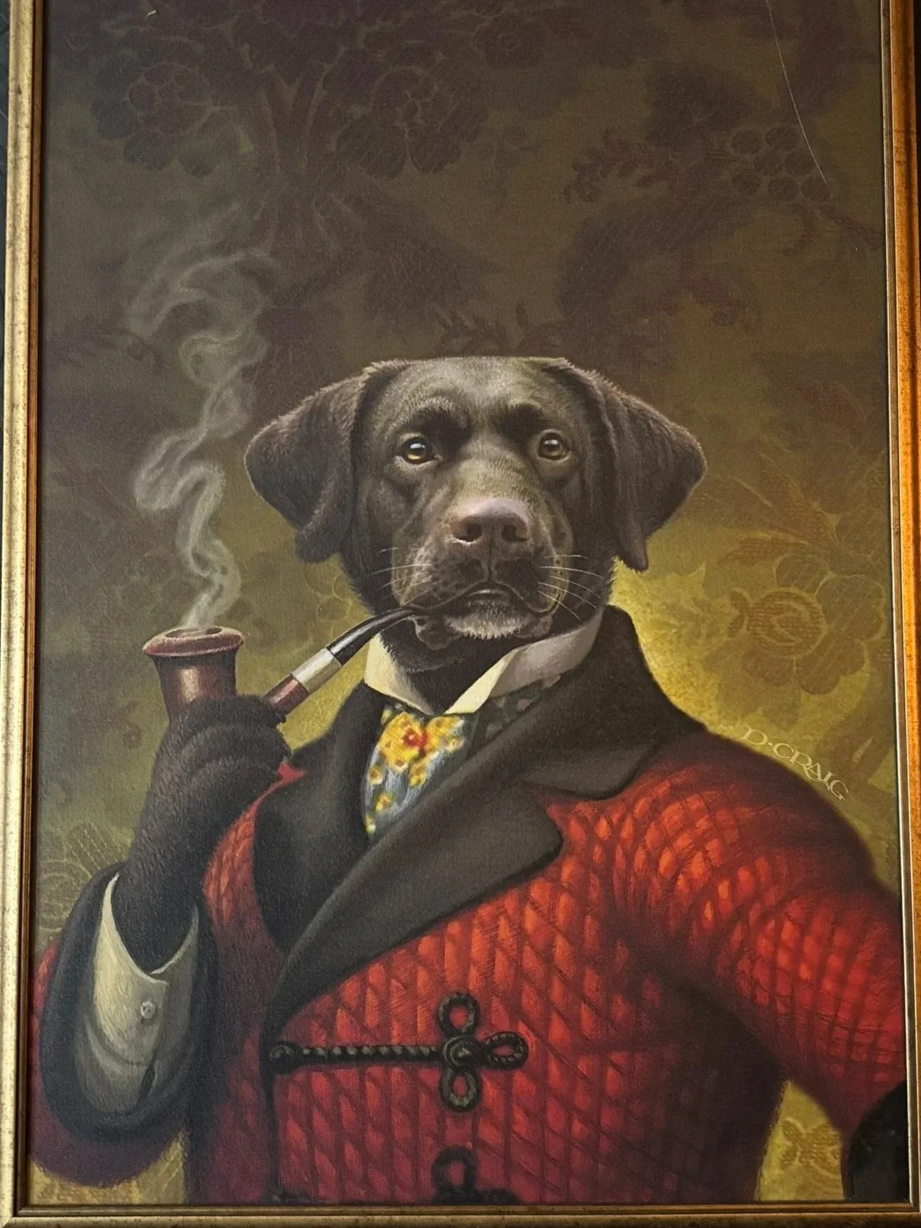 Painting of a dog with the body of a Victorian gentleman, wearing a red plaid coat, a patterned tie, and gloves. The dog has a pipe emitting smoke, and the background features ornate wallpaper with floral patterns.