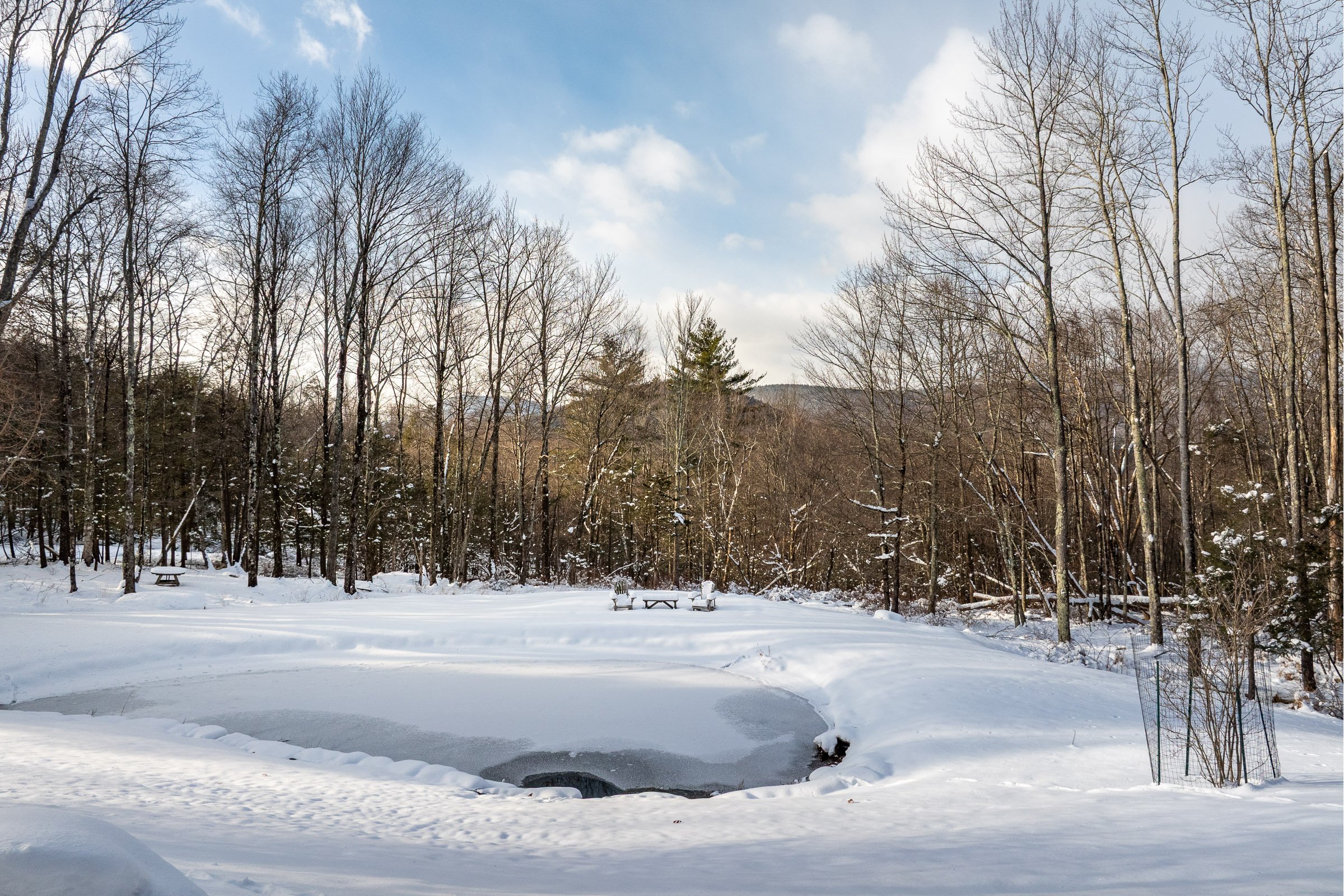 Snow-covered park with a frozen pond, leafless trees surrounding the area, and picnic tables in the background. Clear blue sky with some clouds.