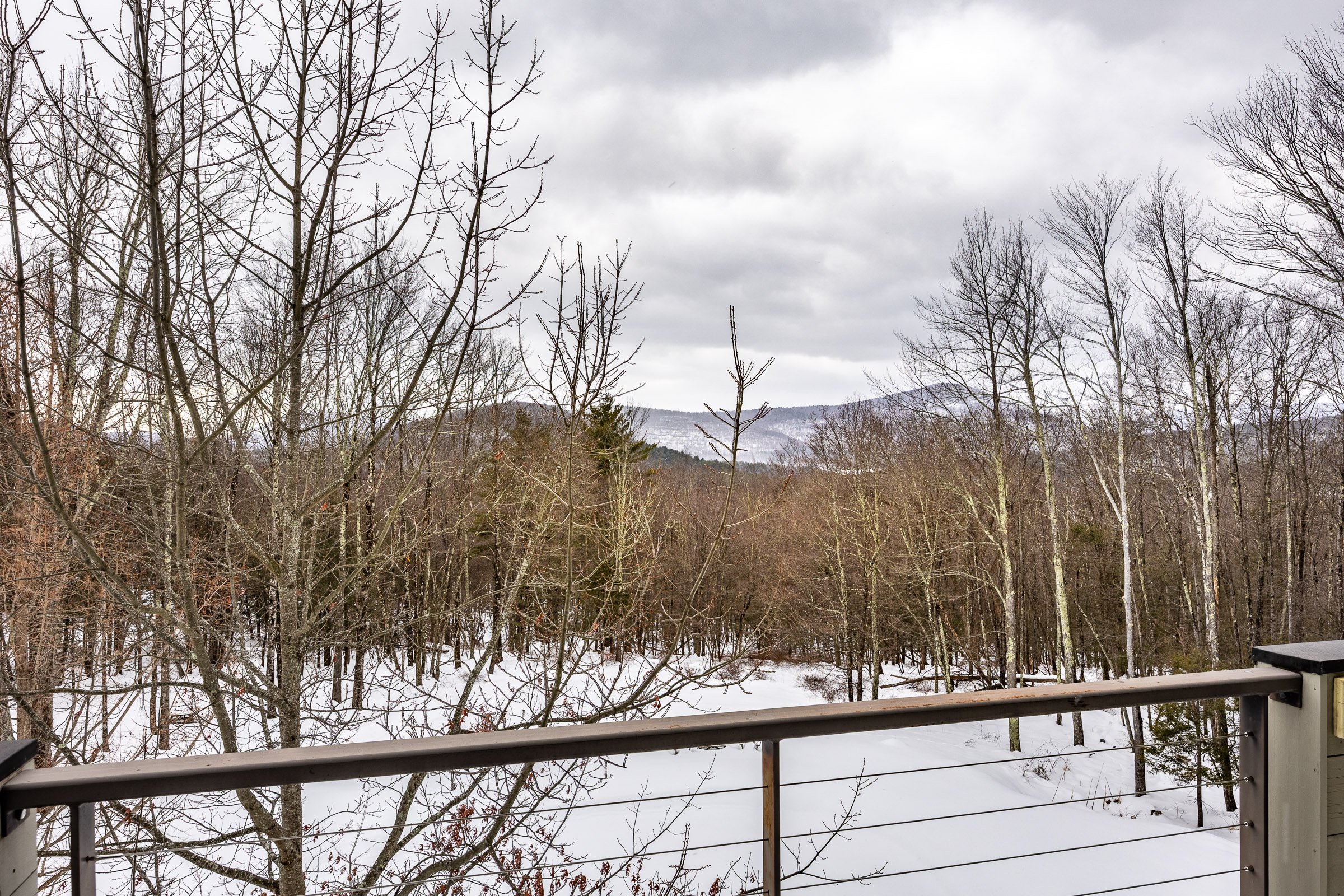 View of a snowy winter landscape from a balcony, with leafless trees and distant mountains under a cloudy sky.