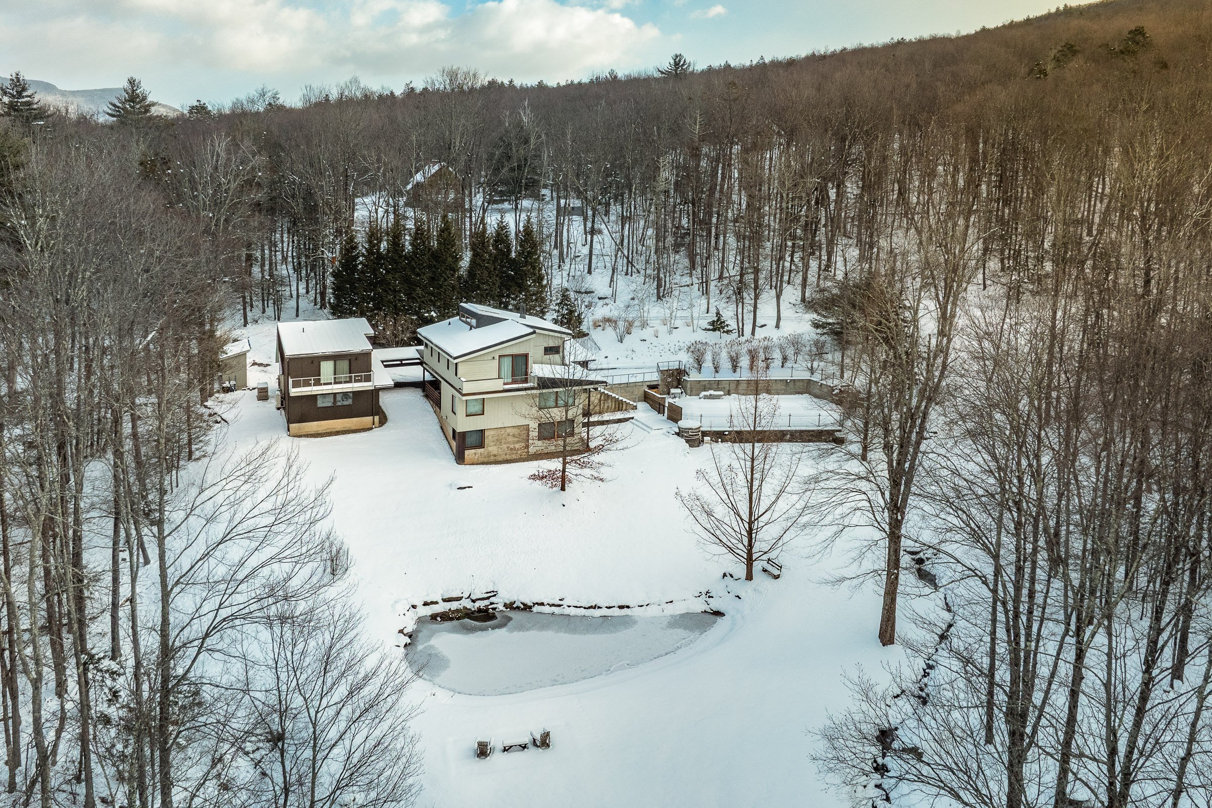 A snowy backyard with two modern multi-story houses, a fenced-in backyard area, and a small pond or frozen water feature surrounded by trees, with a forested hillside in the background.