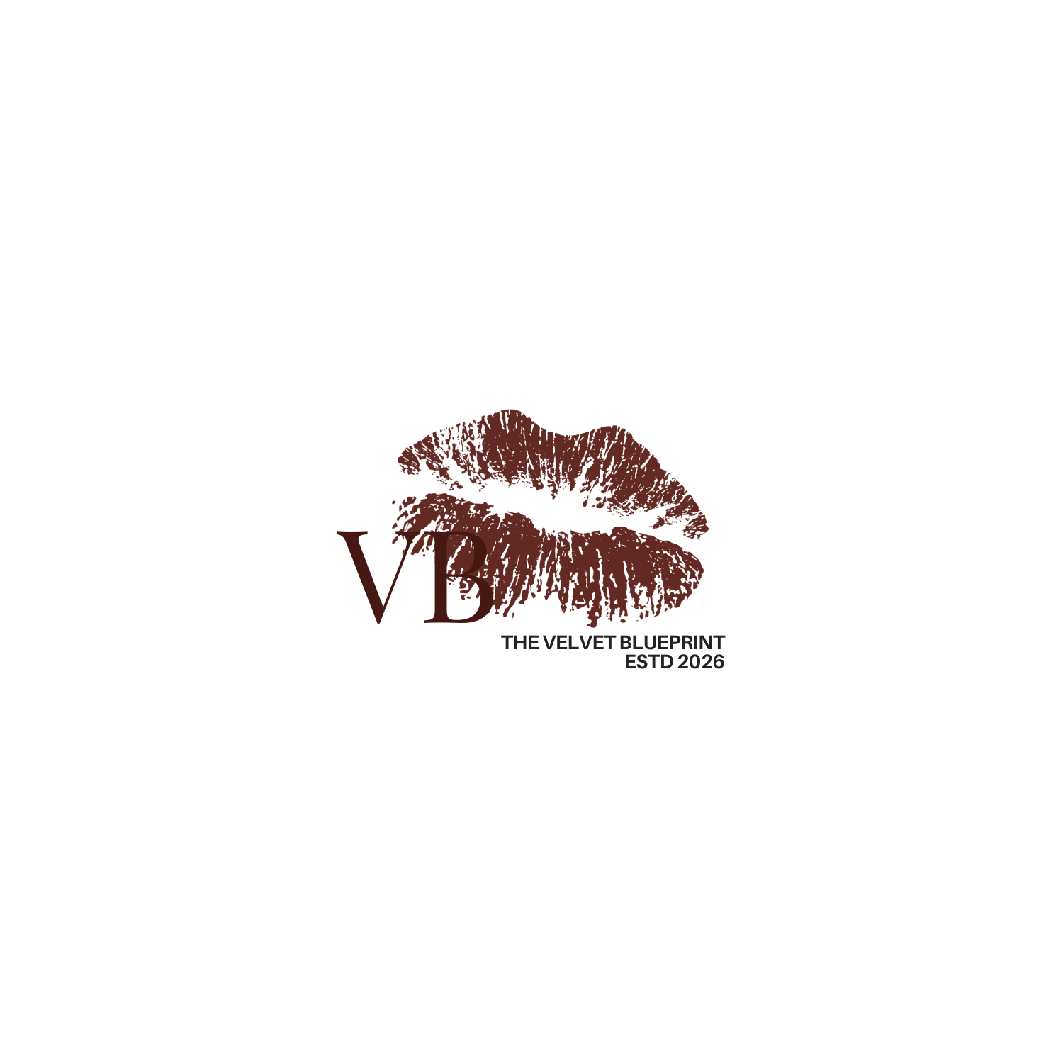 Dark red logo with a red lip print, the words 'VB' and 'The Velvet Blueprint Est. 2026' beneath.