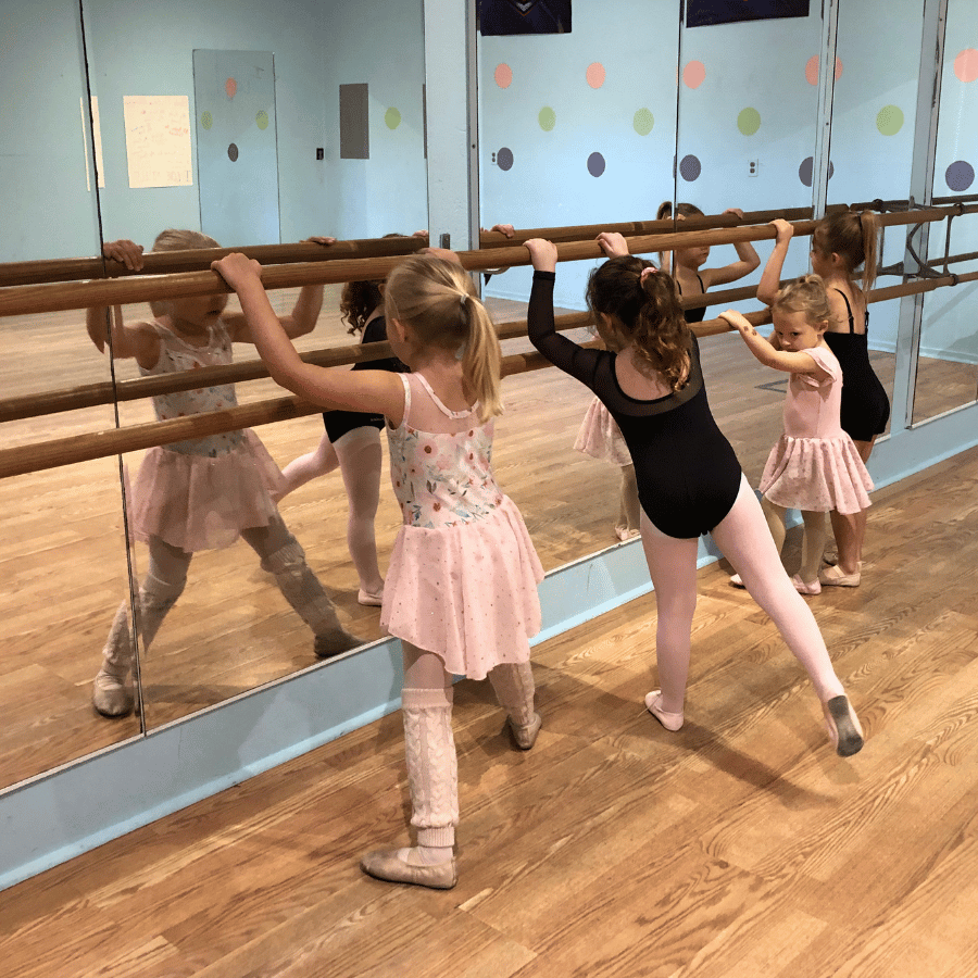Dancers at ballet barre at Crazy Moves Dance Studio in Emmett, MI