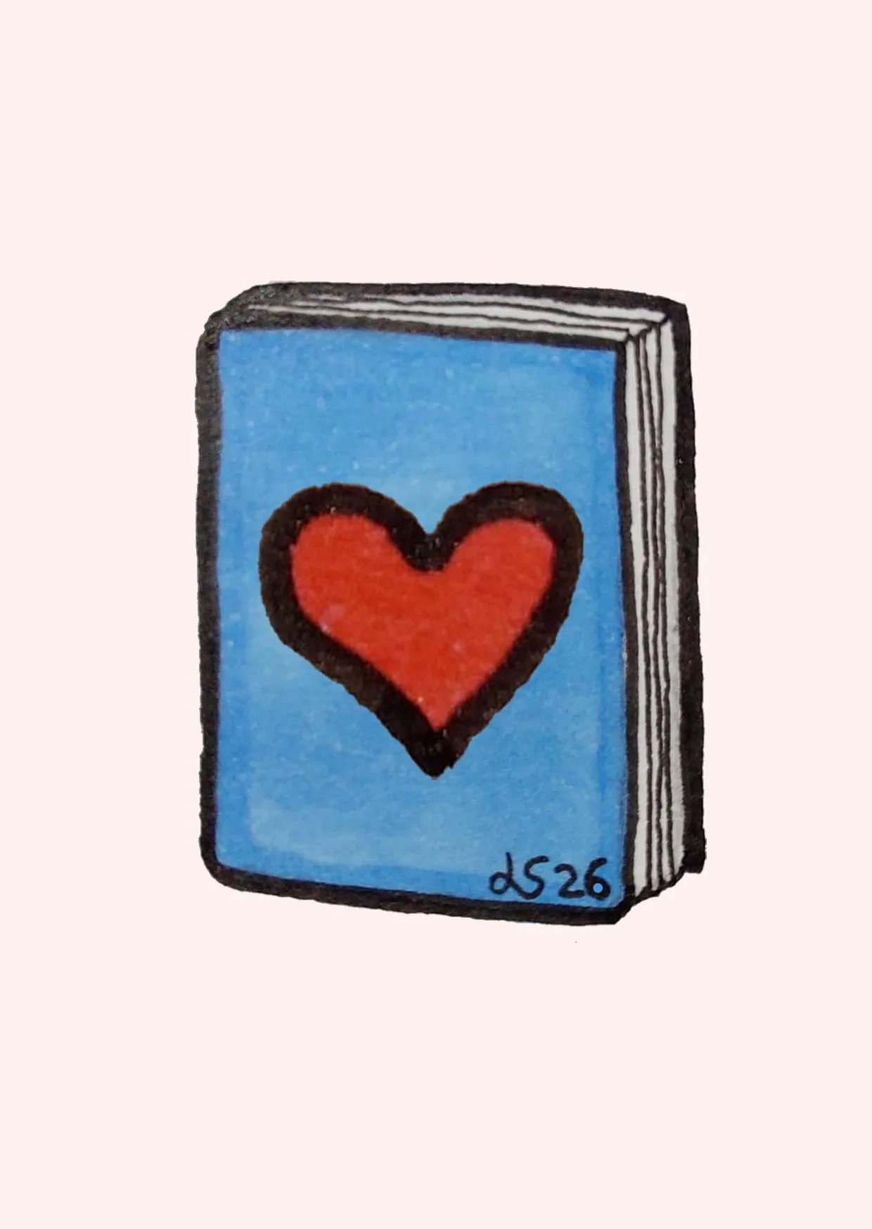 A drawing of a blue book with a red heart on the cover, signed with the initials LS26