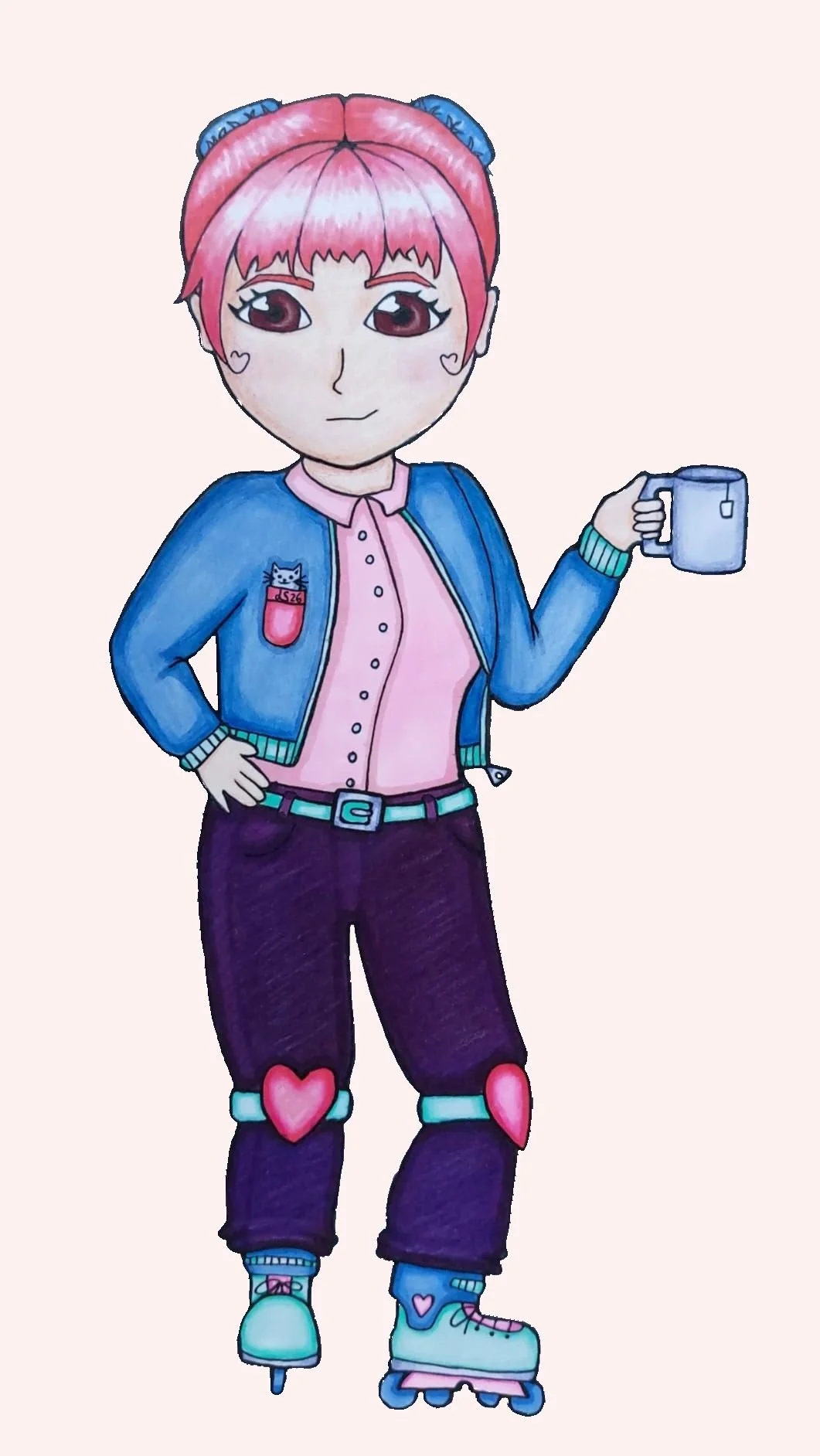 Drawing of a person with pink hair roller skating, holding a mug, wearing a blue jacket with a cat badge, pink shirt, dark trousers with heart pads, and teal roller skates with heart details. Signed "LS26".