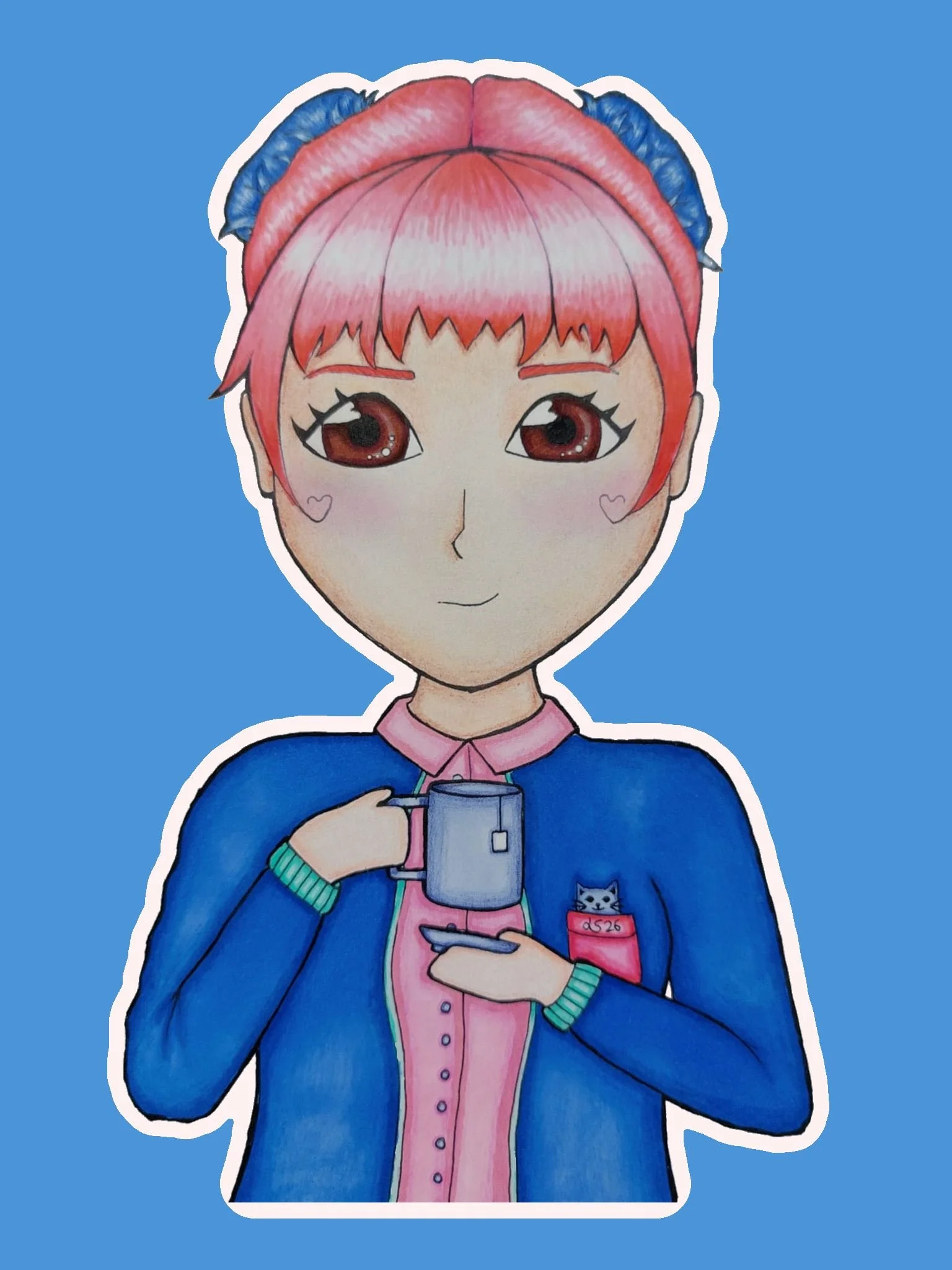Hand-drawn anime-style person with pink and blue hair, holding a mug and saucer, set against a blue background, signed 'LS26'.