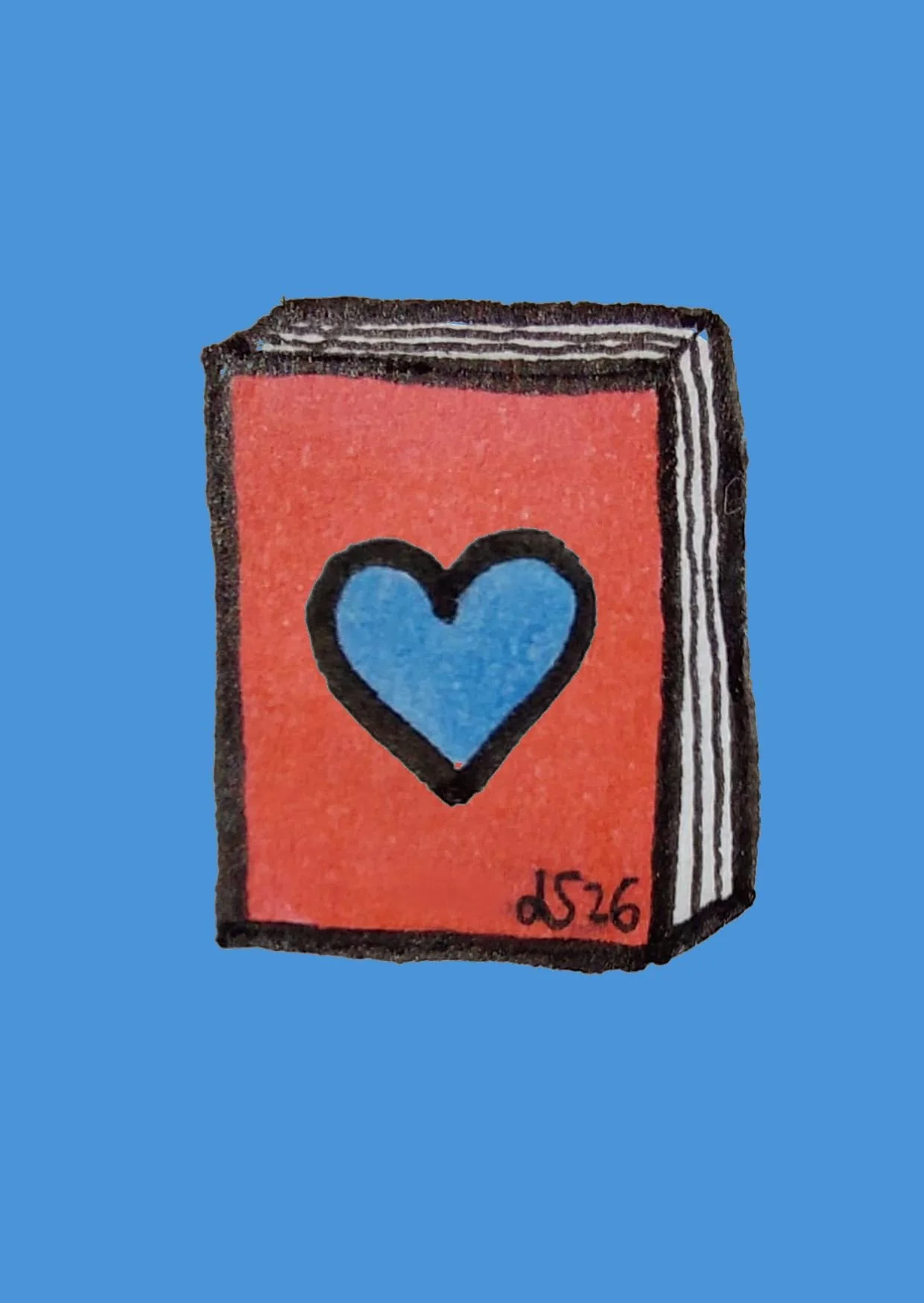 Drawing of a small red book with a black outline and a blue heart on the cover, signed "LS26" in black.
