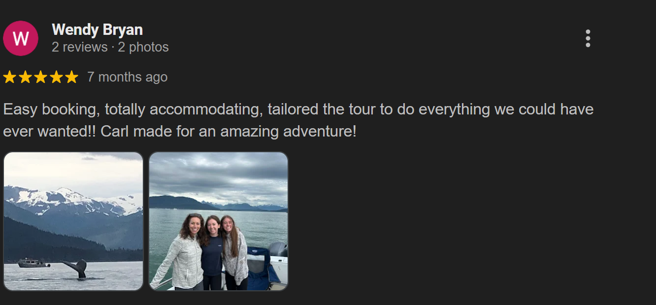 Two photos: the first shows snowy mountains and a boat on a lake; the second shows three women smiling on a boat with mountains and water in the background.