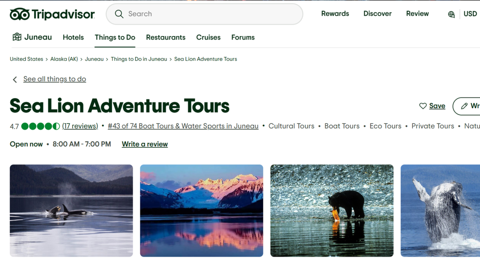 Screenshots of a TripAdvisor webpage for Sea Lion Adventure Tours in Juneau, Alaska, showing images of whales, mountains, a bear, and a whale breaching.