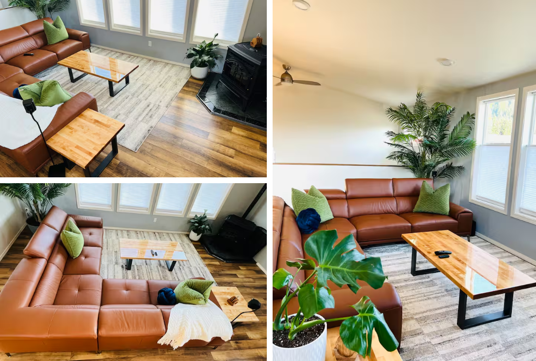 A collage of four photos showing a modern living room with a large brown leather sectional sofa, green pillows, a wooden coffee table, lush green plants, hardwood flooring, and large windows with blinds.