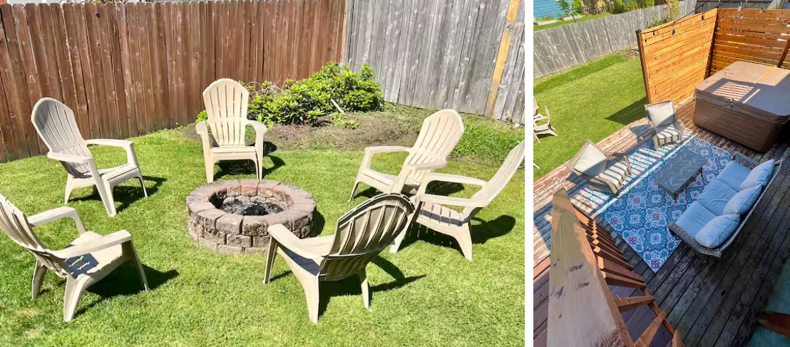 Two images of outdoor backyard spaces with seating areas. The left image shows a circular arrangement of six white plastic chairs around a small brick fire pit on a grassy lawn, enclosed by wooden fences. The right image depicts a screened-in deck with a blue patterned outdoor rug, a white cushioned sofa, two striped chairs, and a hot tub, bordered by wooden fences and some fencing panels.