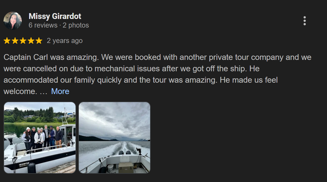 Photos of a group of people on a boat and the view from the boat on the water.