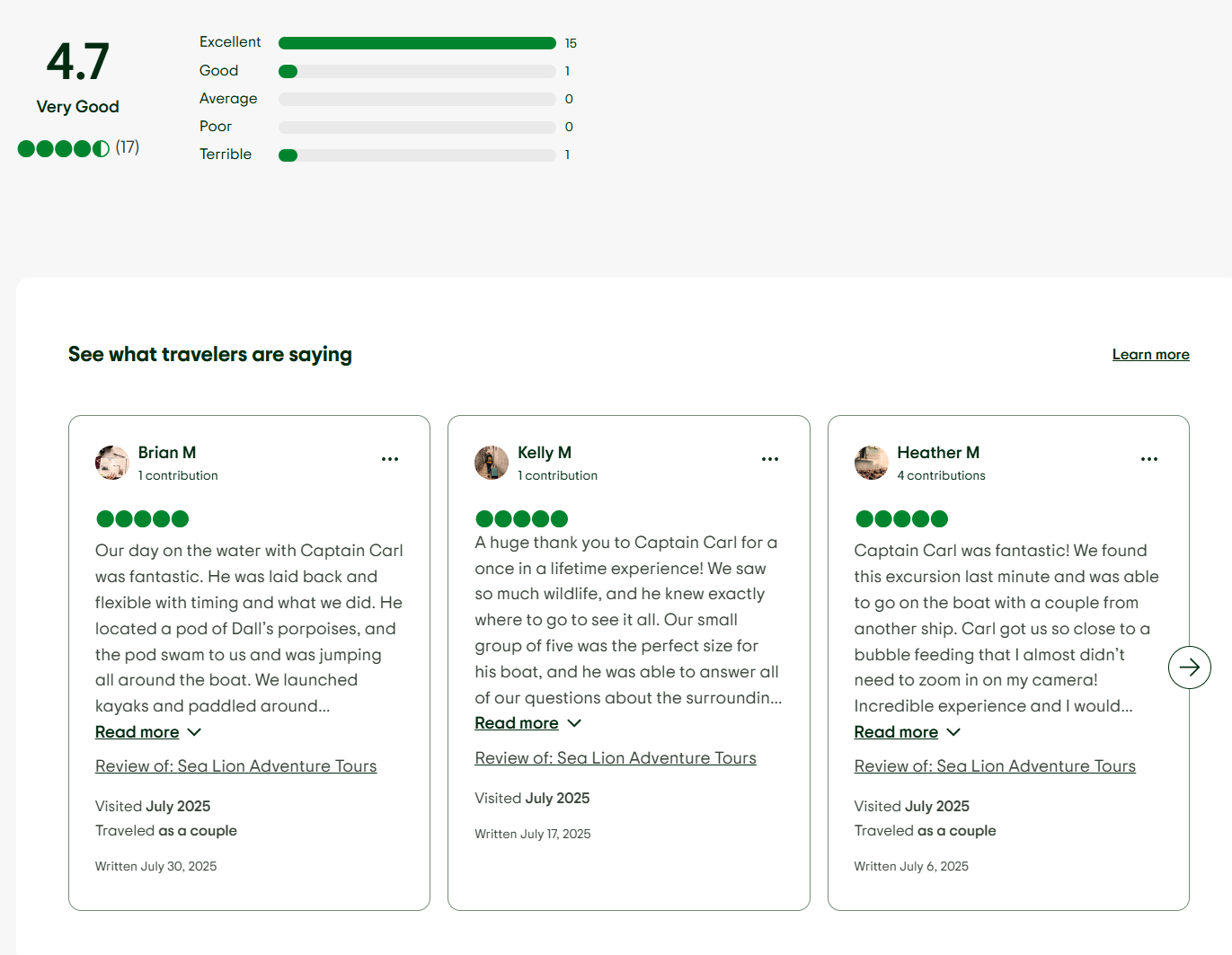 Travel review webpage showing overall rating of 4.7, comments from travelers about a boat excursion, with traveler names Brian M, Kelly M, and Heather M, along with their reviews, dates visited in July 2025, and trip details.