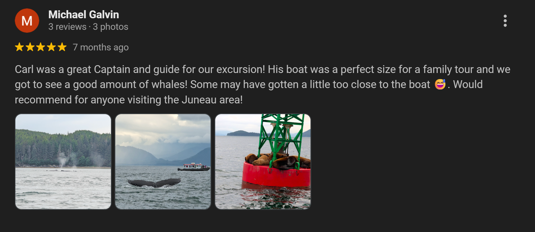 Three photos of the Juneau area featuring whales, ocean, and boats.