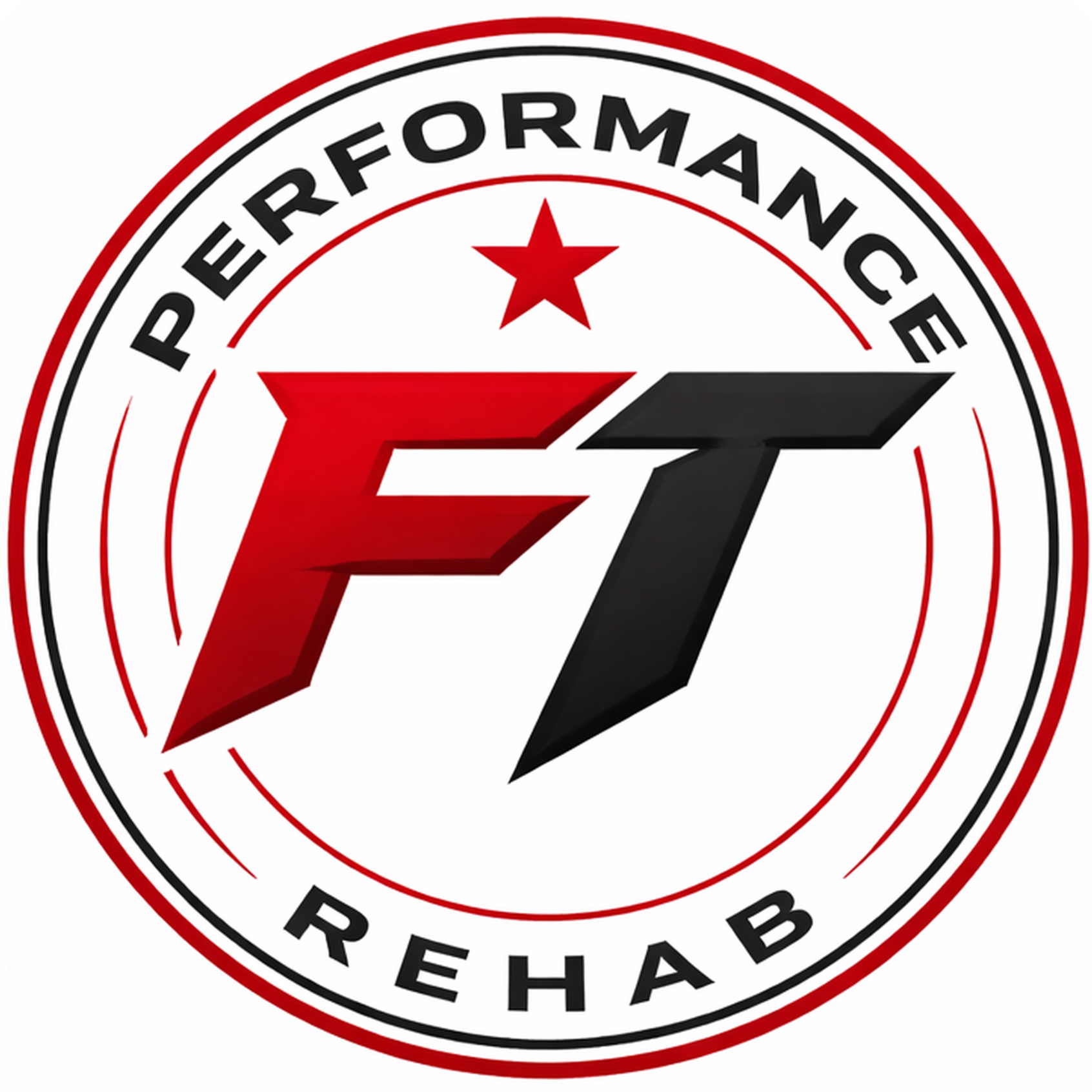 A circular logo with the words 'Performance Rehab' around the top and bottom. Inside, there are stylized red and black letters 'F' and 'T' with a red star above.