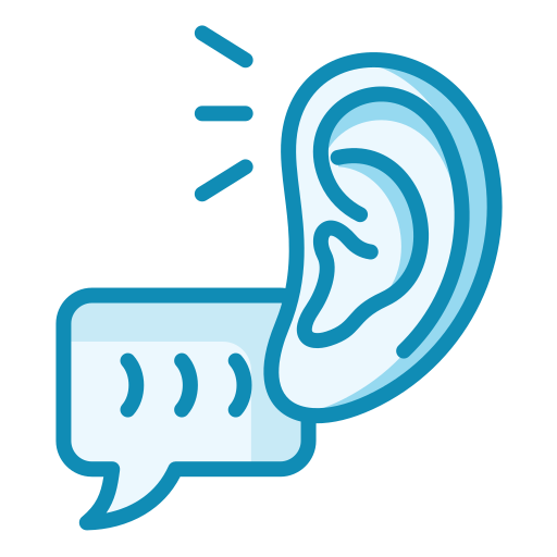 Icône d'une oreille avec des lignes de mouvement et une bulle de dialogue indiquant l'écoute ou la communication.