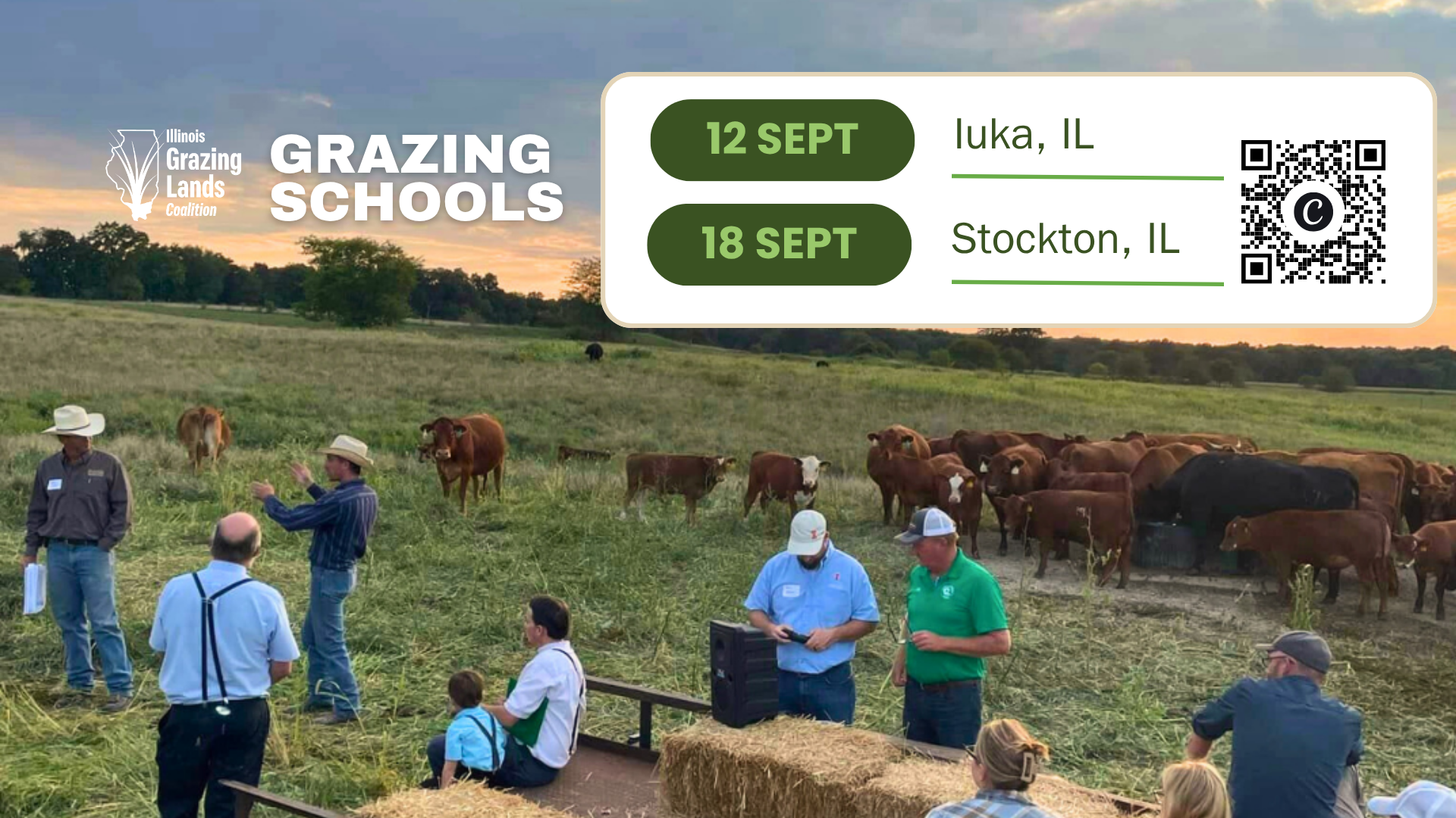 people looking at cattle in field with ILGLC logo and dates of grazing schools