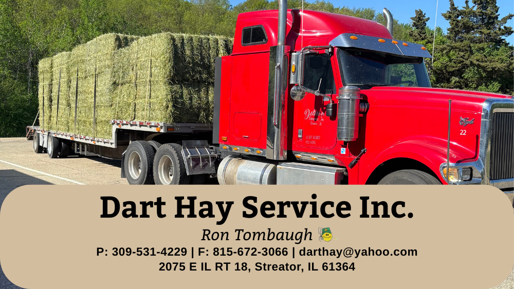 hay being delivered on truck. Dart Hay logo with Ron Tombaugh contact information
