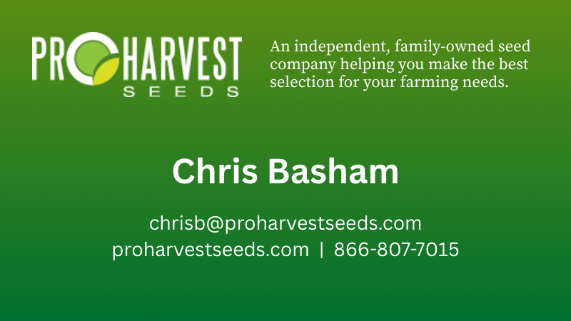 Business card for ProHarvest Seeds owned by Chris Basham