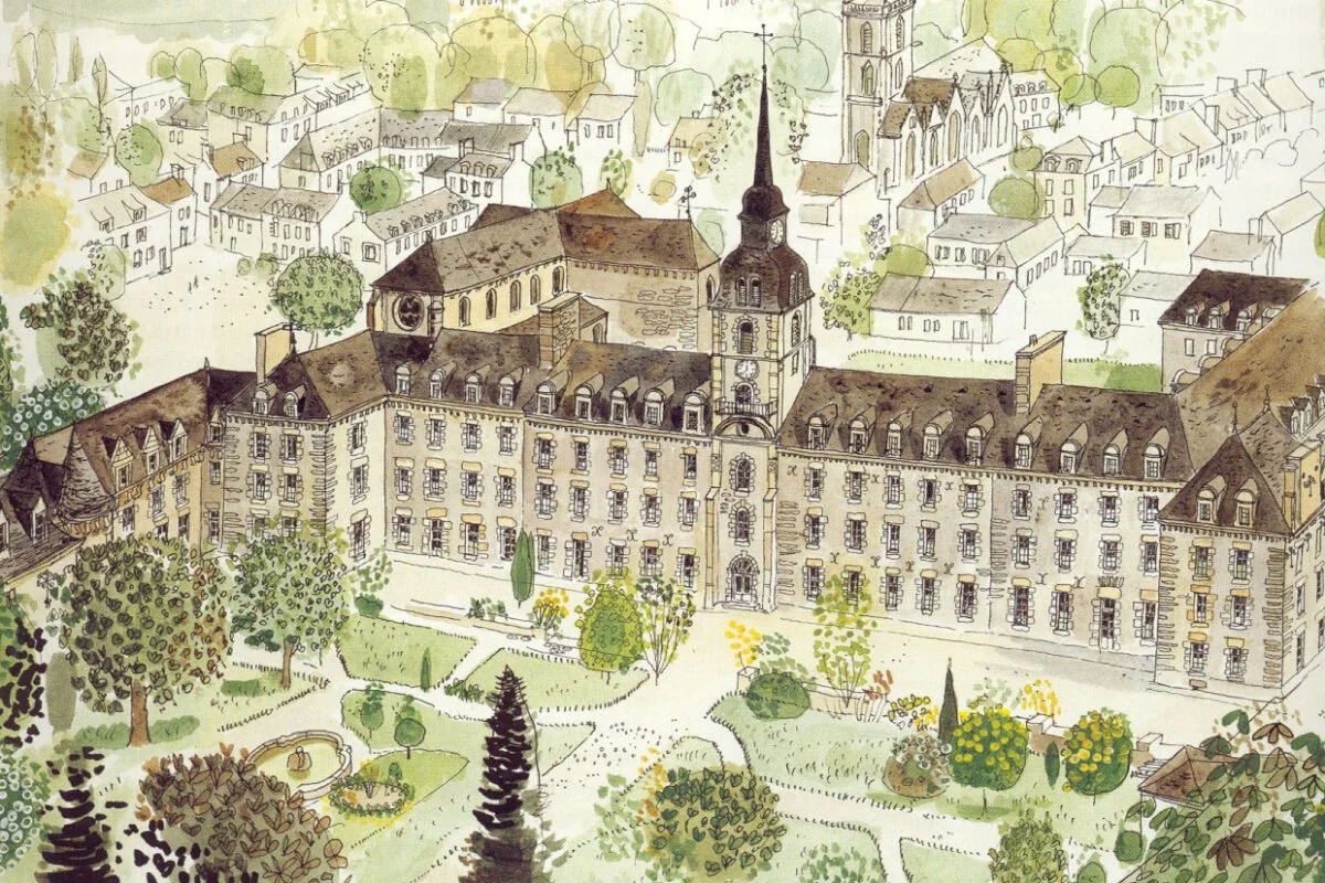 A watercolor painting of a large historic building with a tower and multiple windows, surrounded by a lush green garden with trees, shrubs, and pathways.