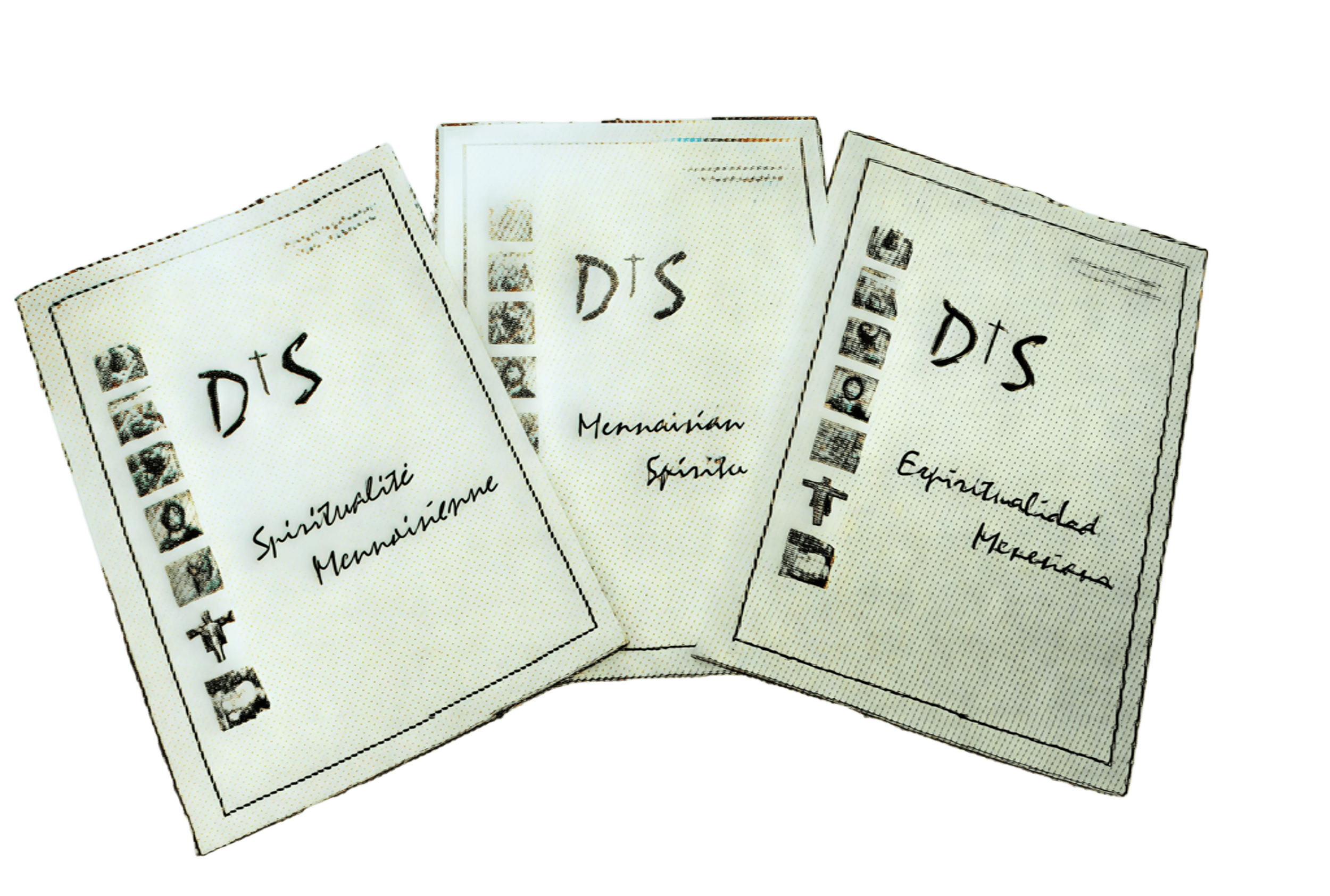 Three booklets titled DTS, Spiritualié Mennonite, Mennaudian Spiritual, and Explained Mennonism, with handwritten text and images on the covers.