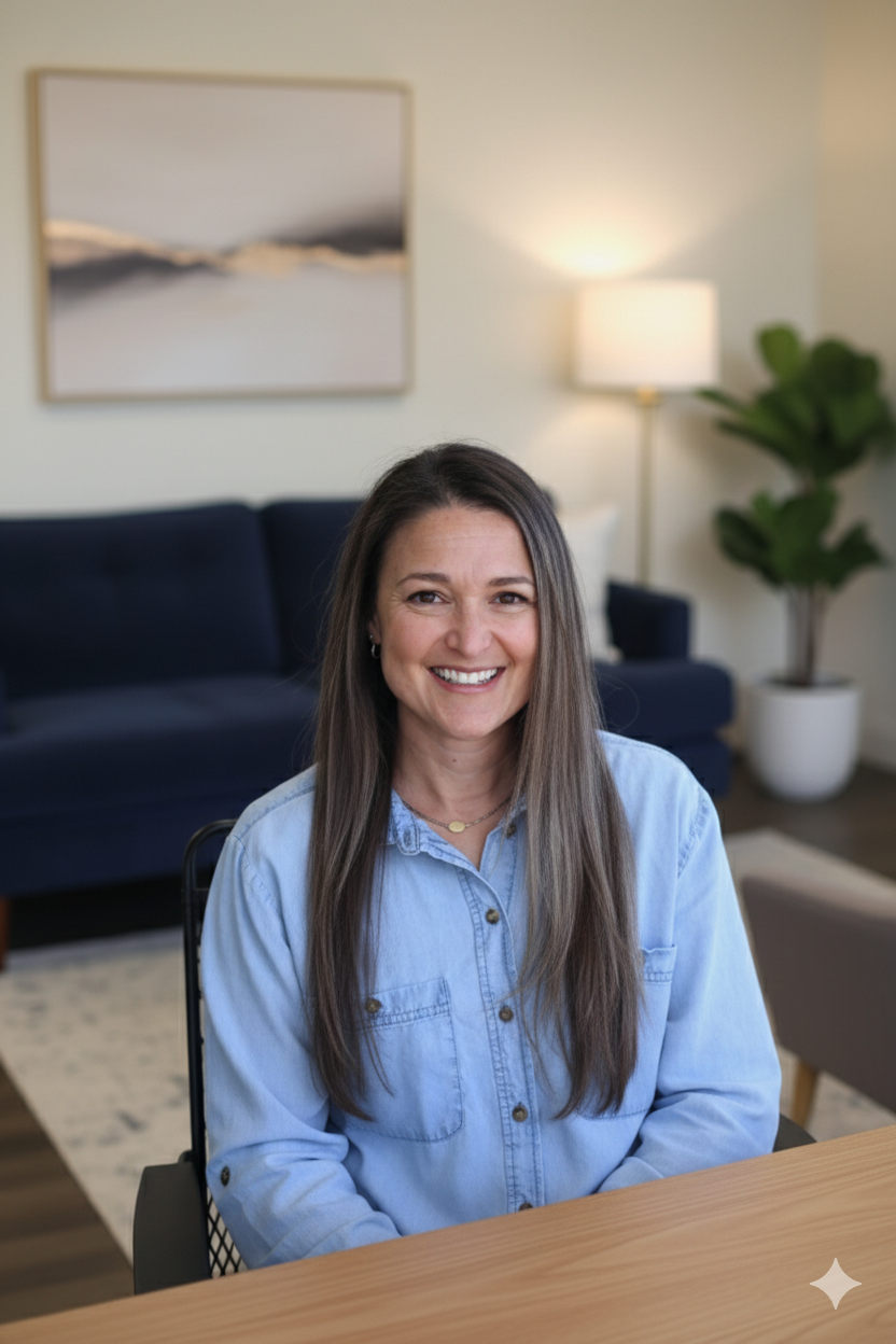 Image of Adrienne Schmidt. A woman with long dark hair wearing a light blue shirt smiling and sitting at a table in a modern therapy room.