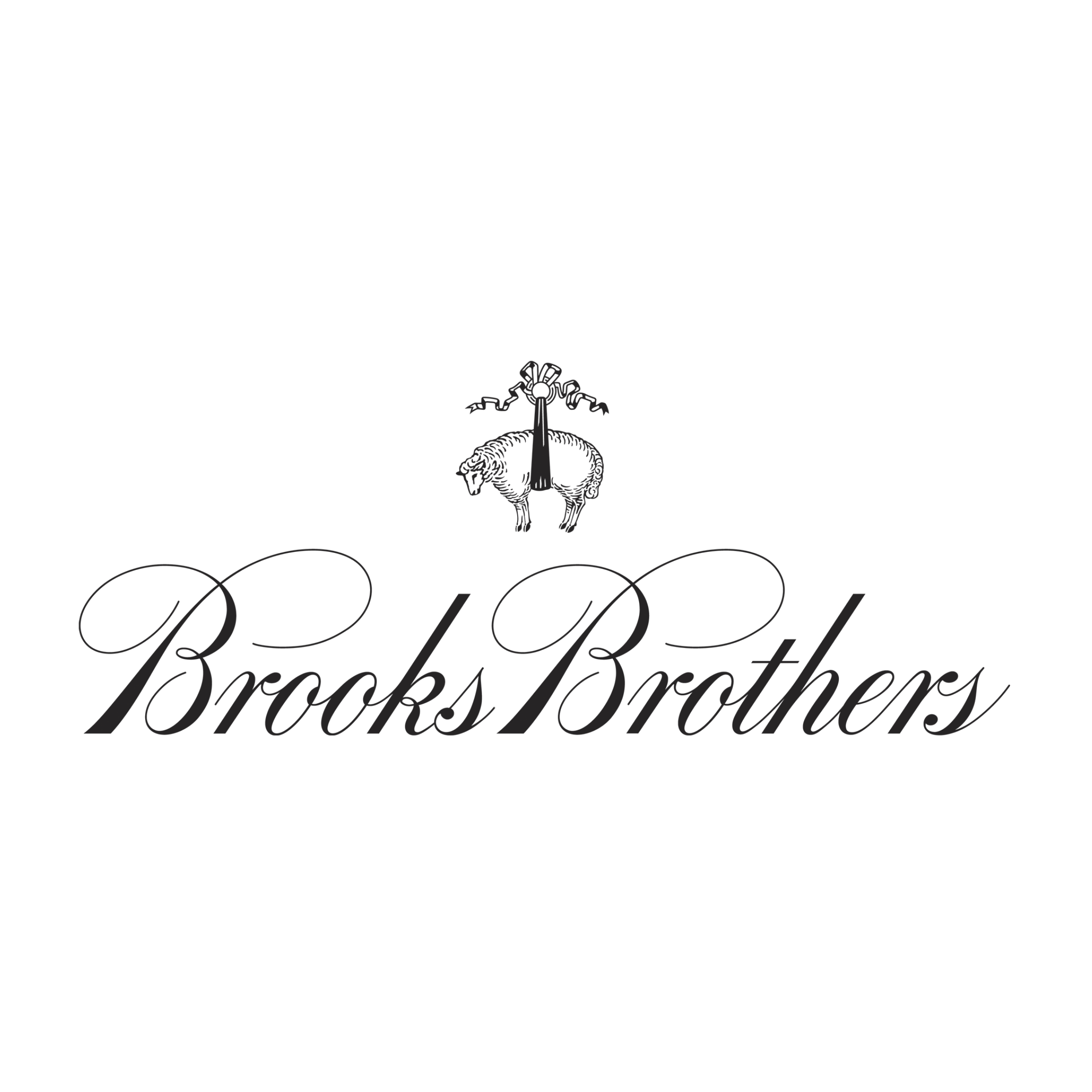 A black background featuring a stylized logo for Brooks Brothers, including a bowtie, a ribbon, and a lion emblem, with elegant cursive text reading 'Brooks Brothers'.