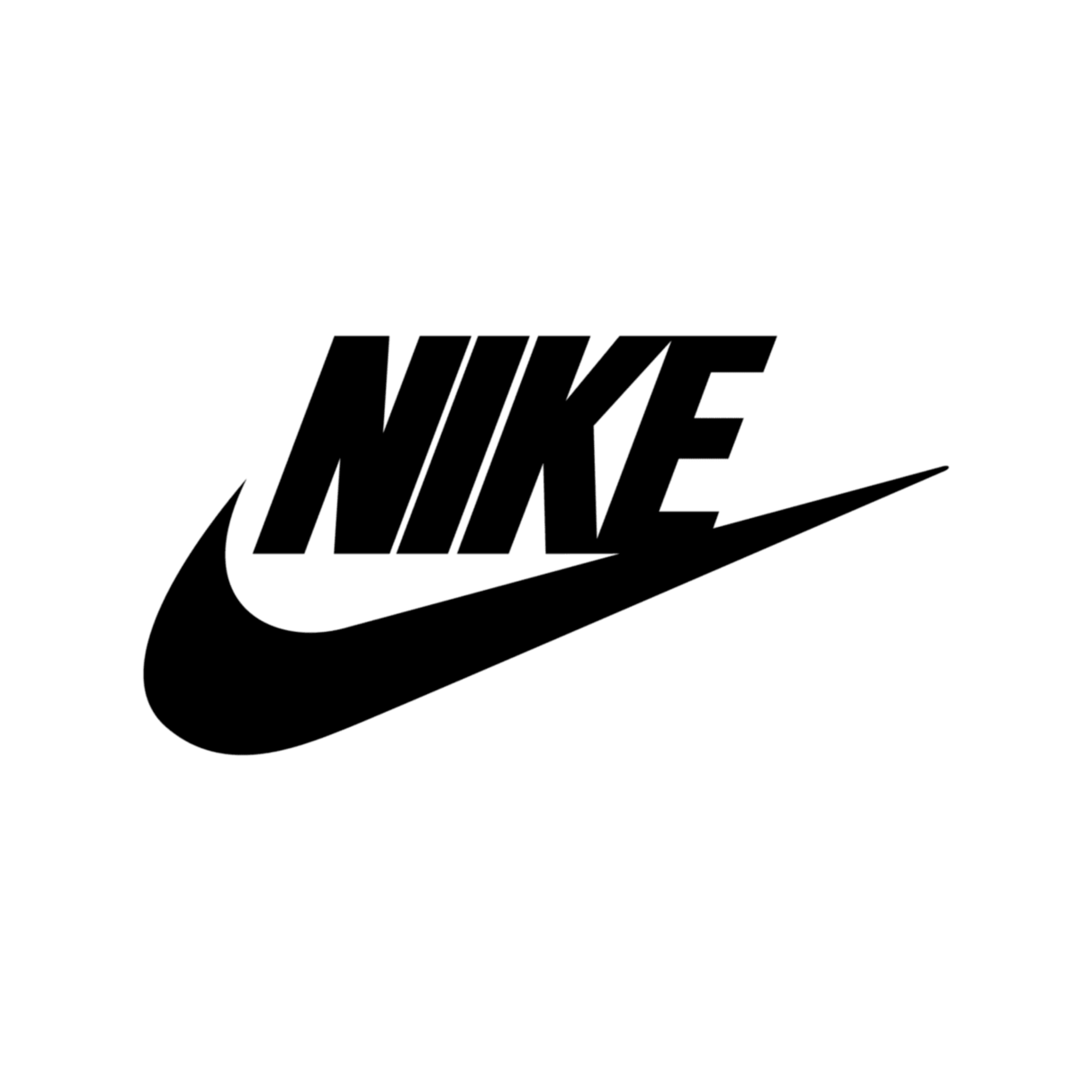 Close-up, black Nike swoosh logo with a 3D effect on a black background.