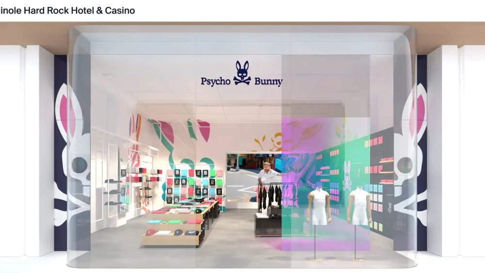 Storefront of Psycho Bunny at the Hard Rock Hotel & Casino with a large glass display window featuring the Psycho Bunny logo and mannequins showcasing clothing inside.
